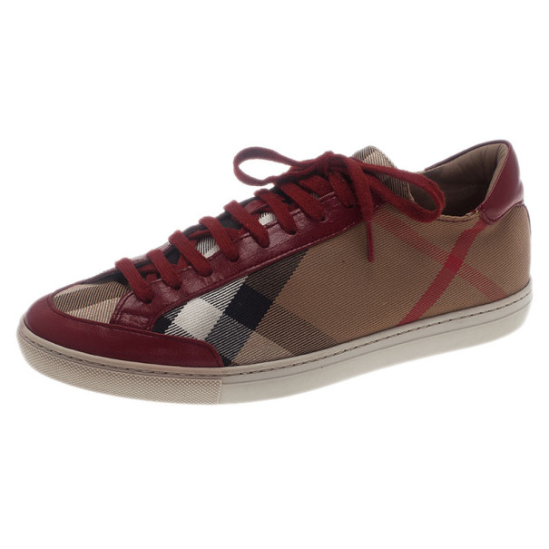 Burberry Red Leather And Nova Check Canvas Sneakers Size 38 Burberry | TLC