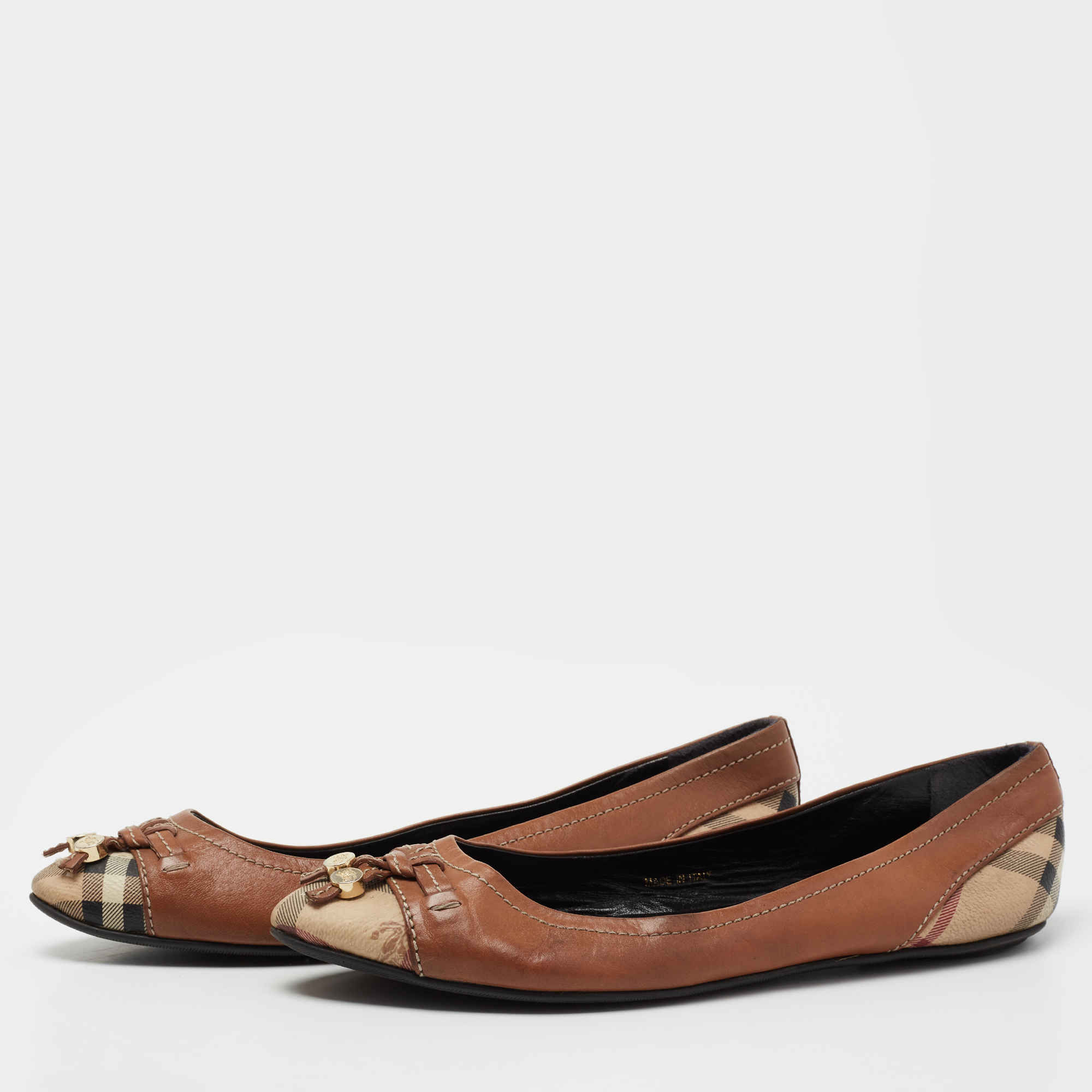 

Burberry Brown Leather and Haymarket Coated Canvas Toe Cap Bow Ballet Flats Size