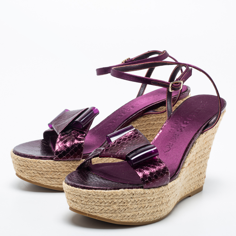 

Burberry Purple Snakeskin Python Embossed Leather Wedge Ankle Strap Sandals Size