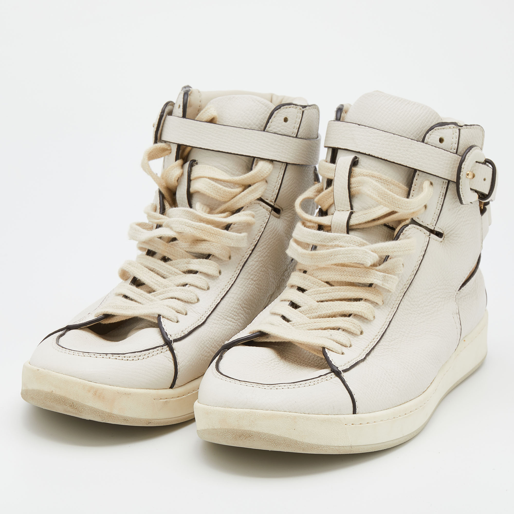 

Burberry White/Beige Leather and Nova Check Canvas High Top Sneakers Size