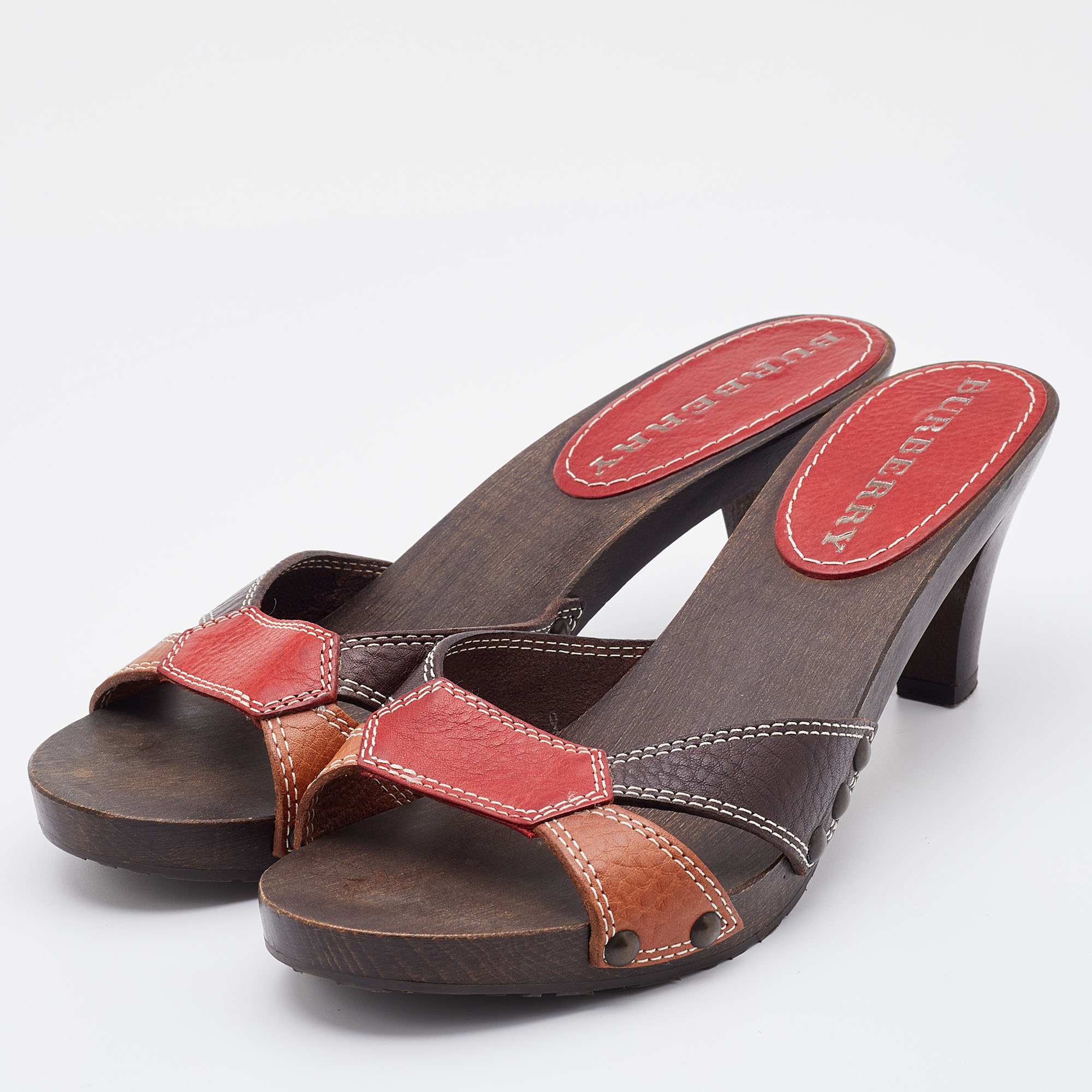 

Burberry Vintage Multicolor Leather Wooden Clog Sandals Size