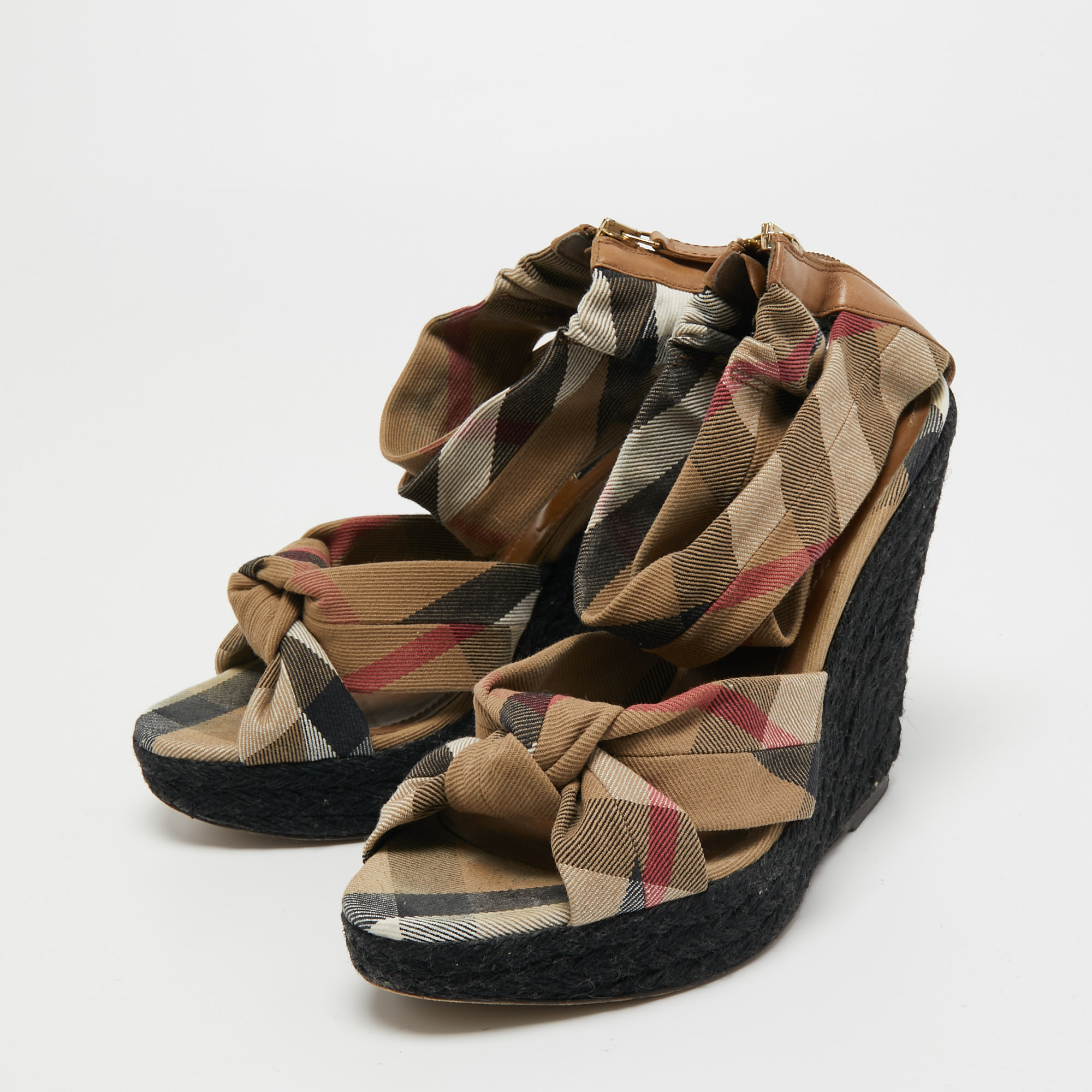 

Burberry Light Brown Nova Check Canvas Ankle Strap Wedge Sandals Size