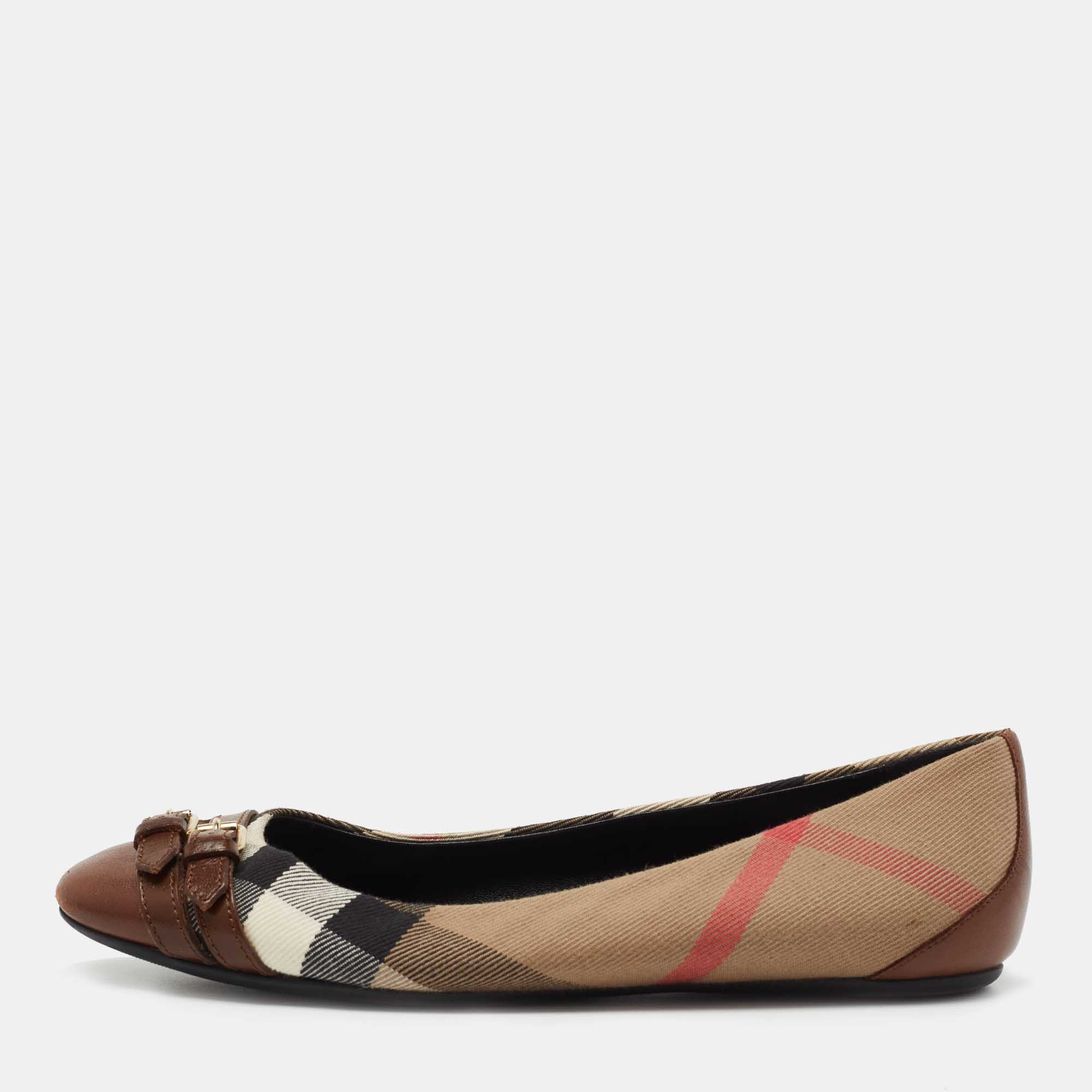 Pre Owned Burberry Beige/Brown Nova Check Canvas And Leather Ballet Flats Size 36