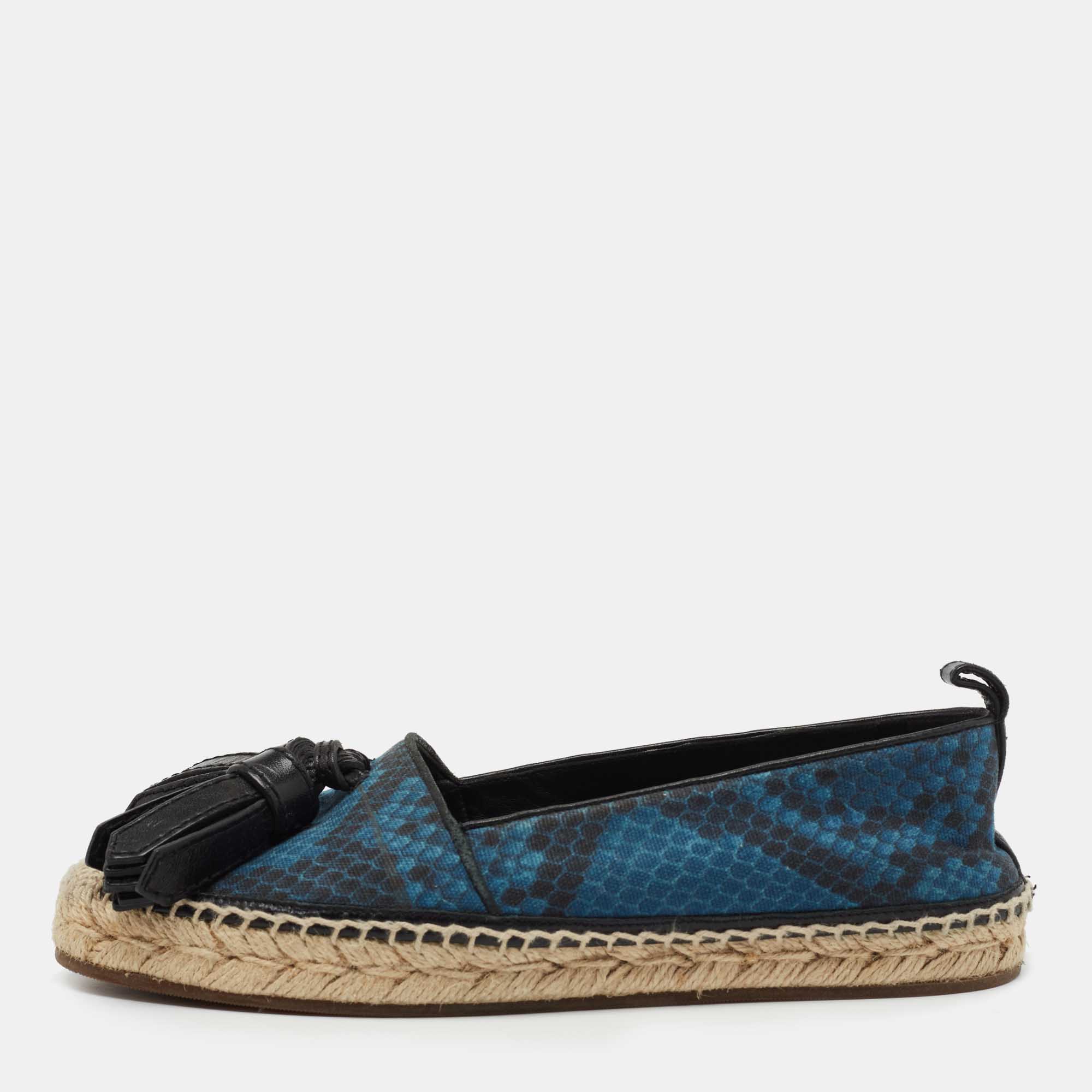 Pre-owned Burberry Blue/black Snake Print Canvas And Leather Tassel Espadrilles Size 36