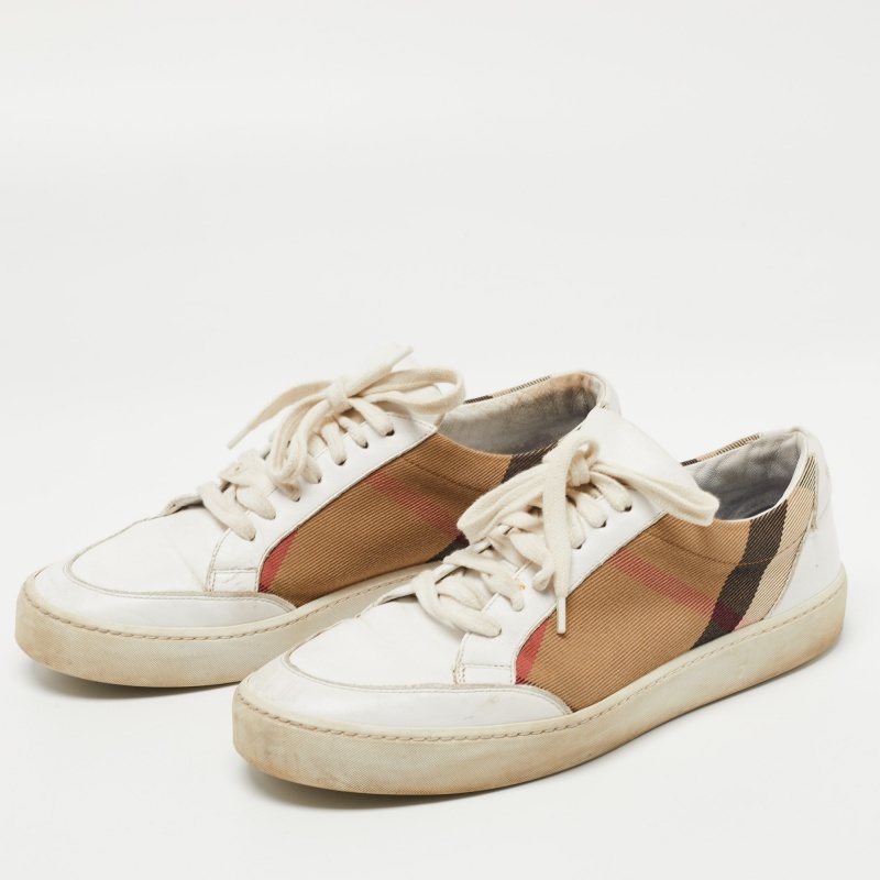 

Burberry White Leather and House Check Canvas Low Top Sneakers Size