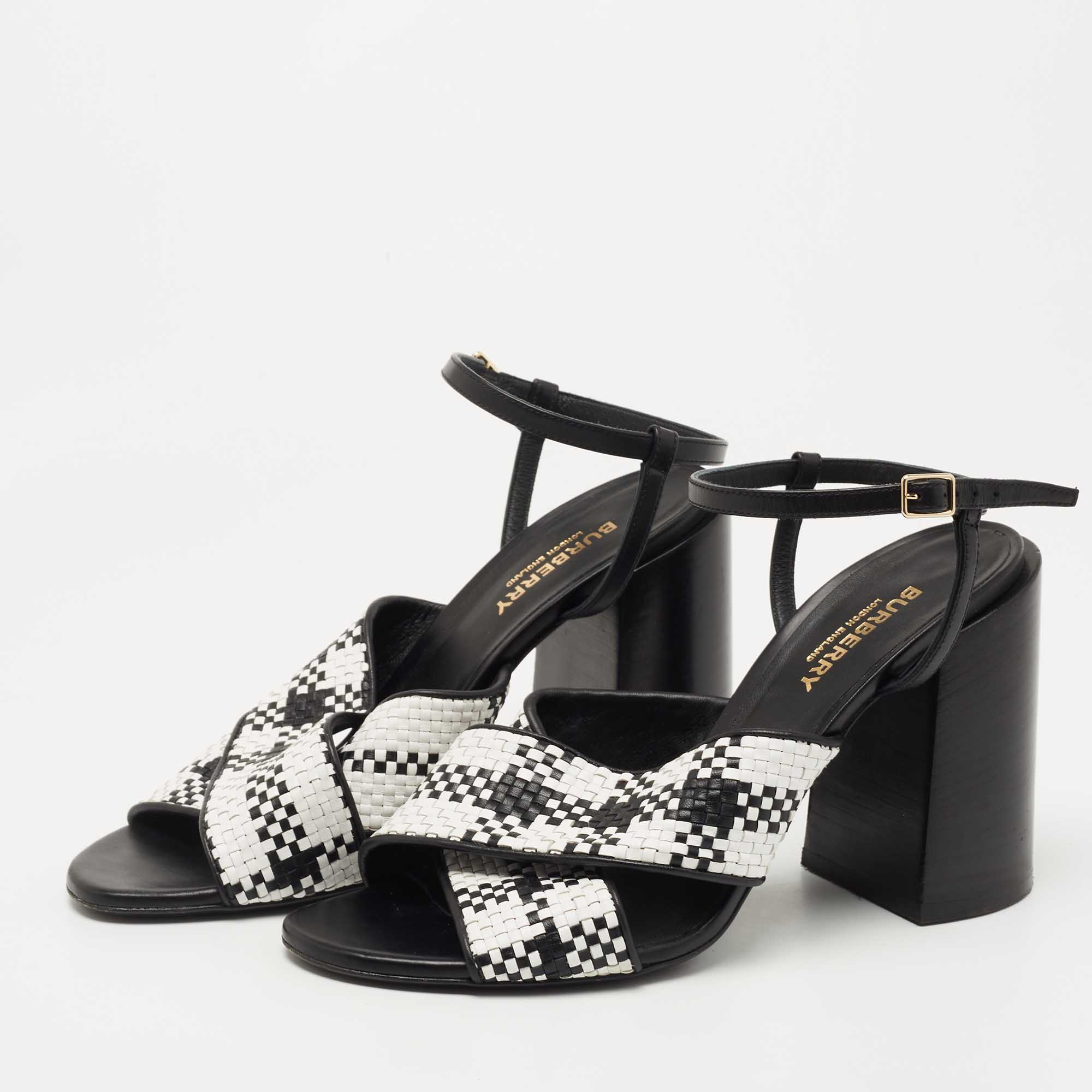 

Burberry Black/White Woven Leather Castlebar Ankle Strap Sandals Size
