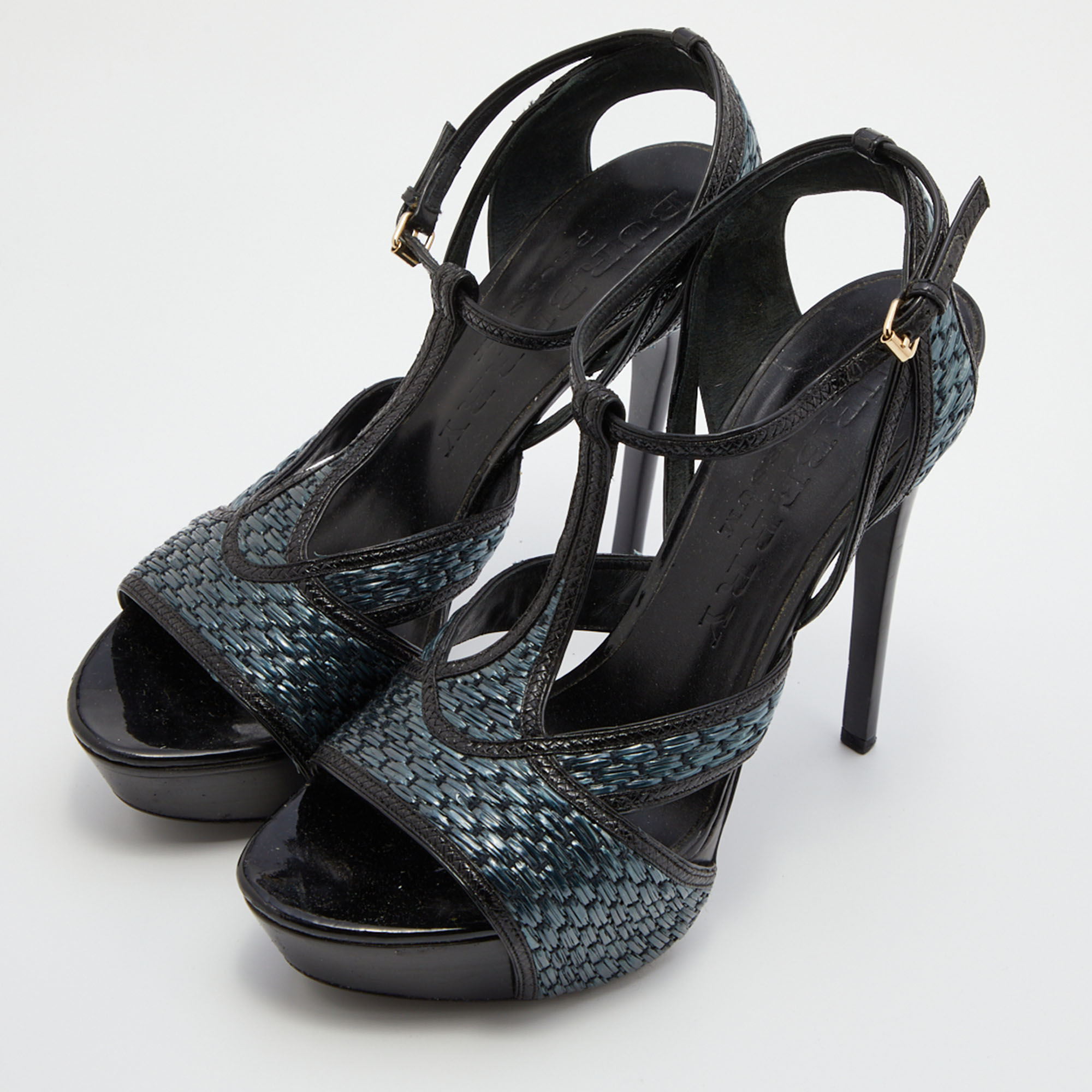 

Burberry Black/Green Leather and Woven Raffia T-Strap Platform Sandals Size