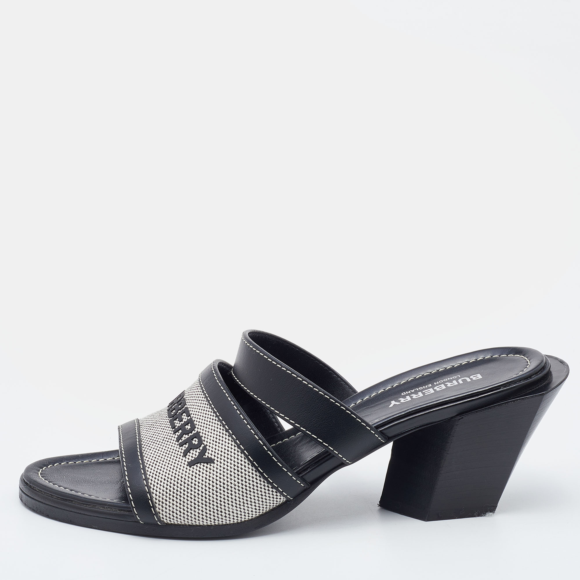 Burberry Grey/Black Canvas and Leather Honour Heel Slide Sandals Size 38  Burberry | TLC