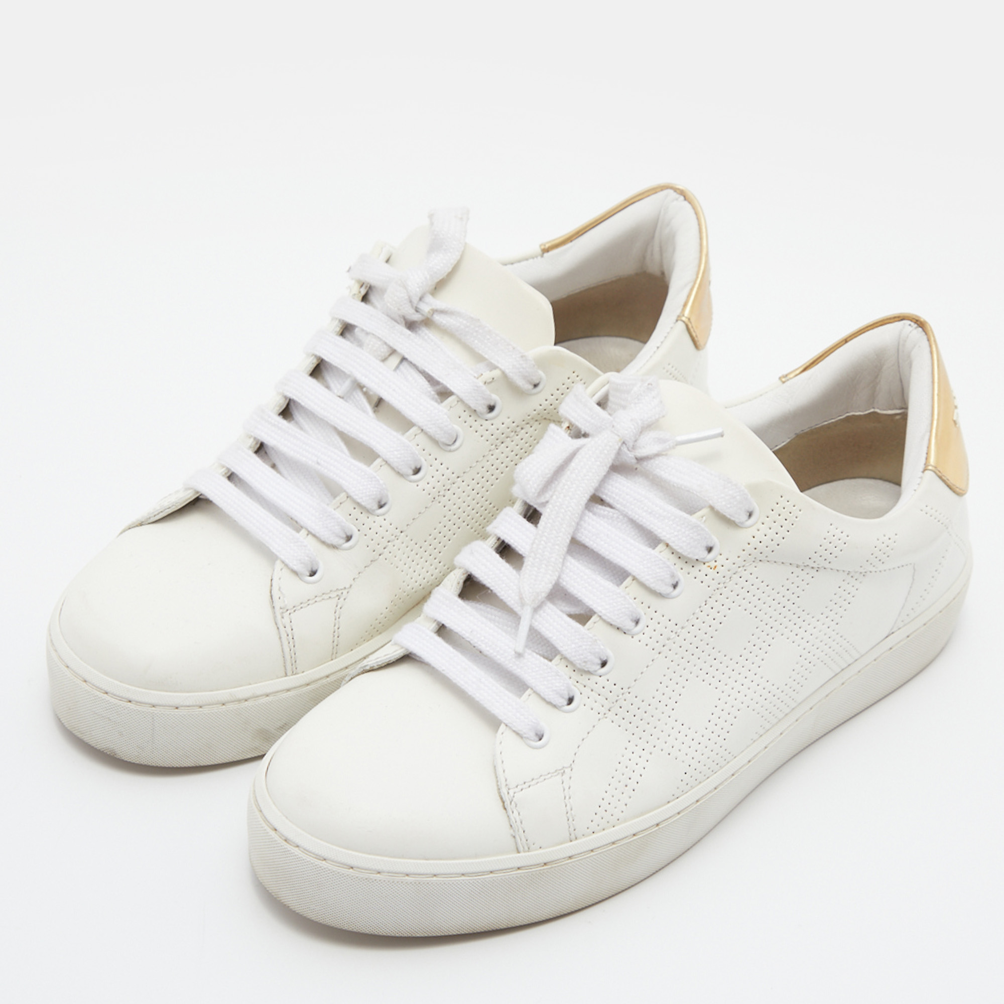 

Burberry White/Gold Perforated Leather Westford Low Top Sneakers Size