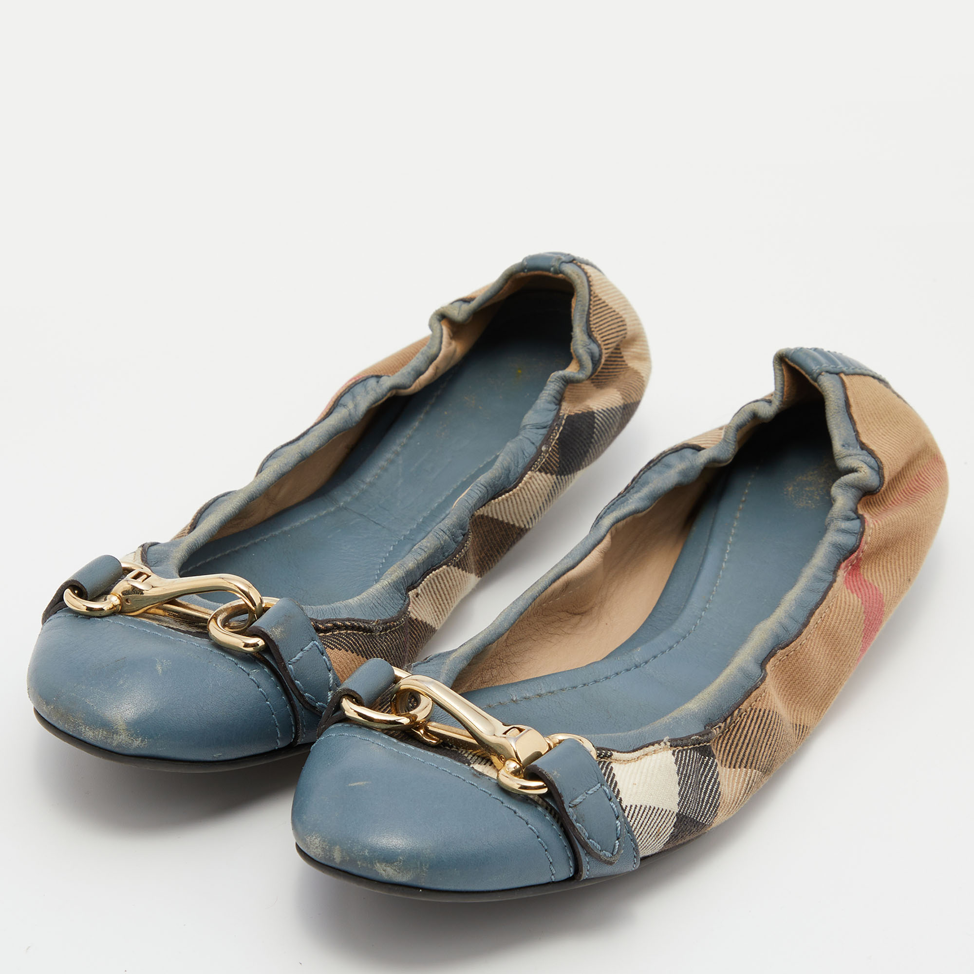

Burberry Brown/Blue Nova Check Canvas and Leather Scrunch Ballet Flats Size