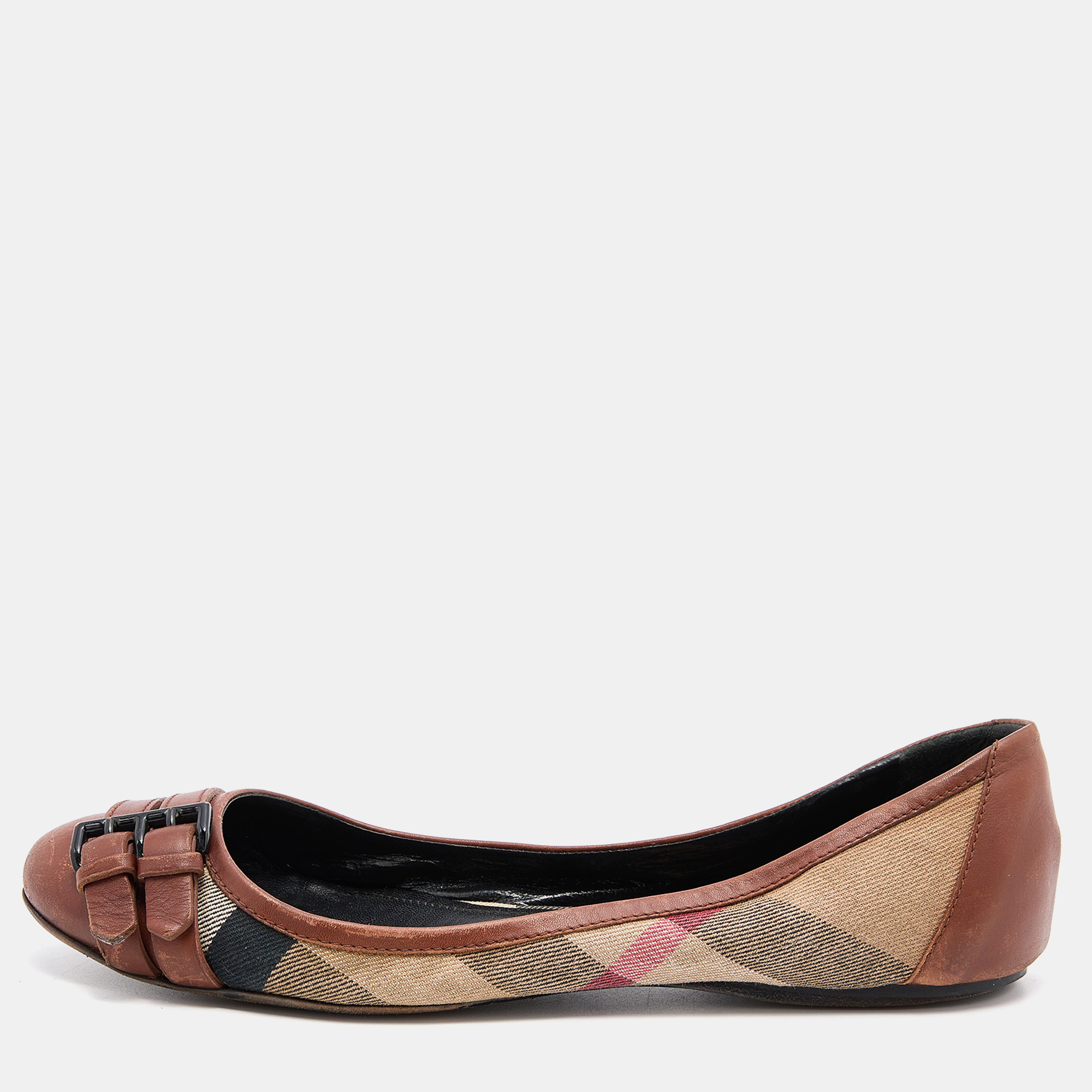 

Burberry Beige/Tan Nova Check Canvas and Leather Buckle Ballet Flats Size