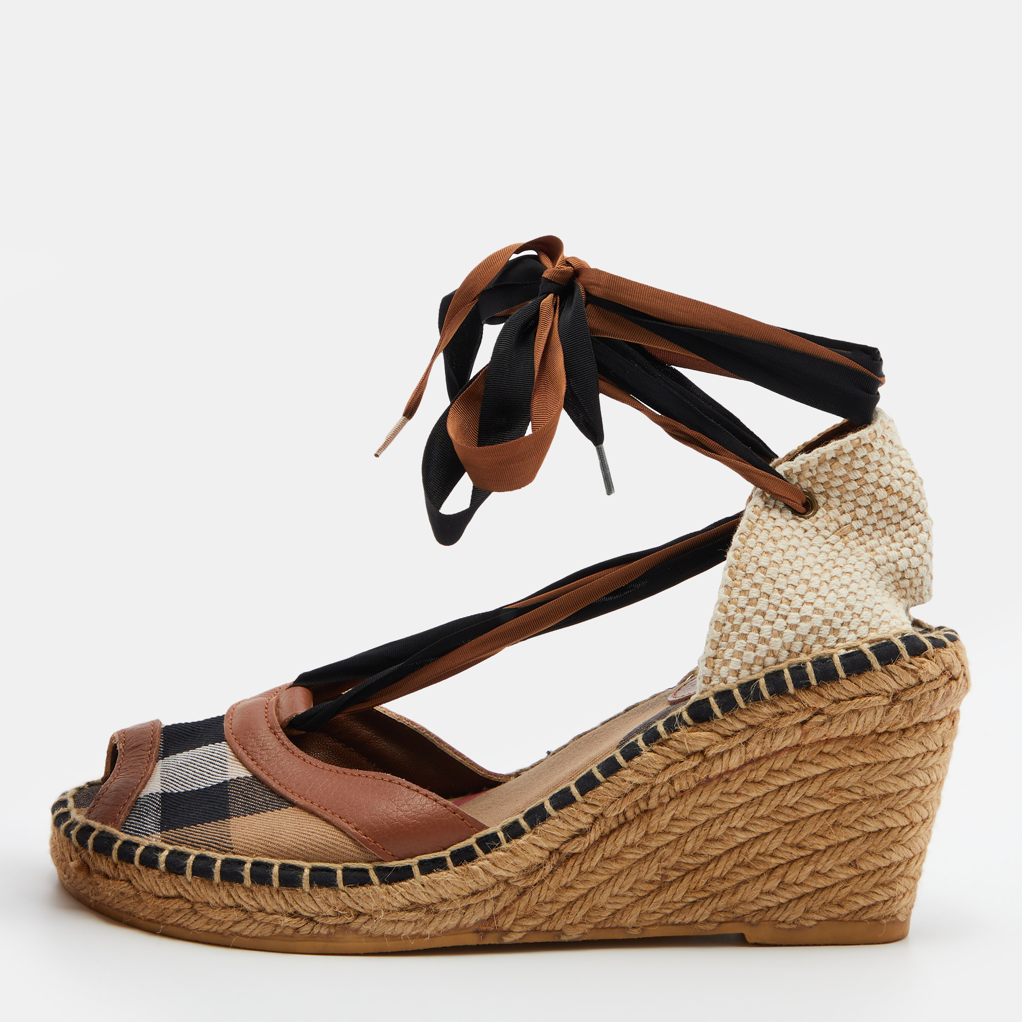 Pre-owned Burberry Brown House Check Canvas And Leather Strappy Espadrille Wedge Sandals Size 39