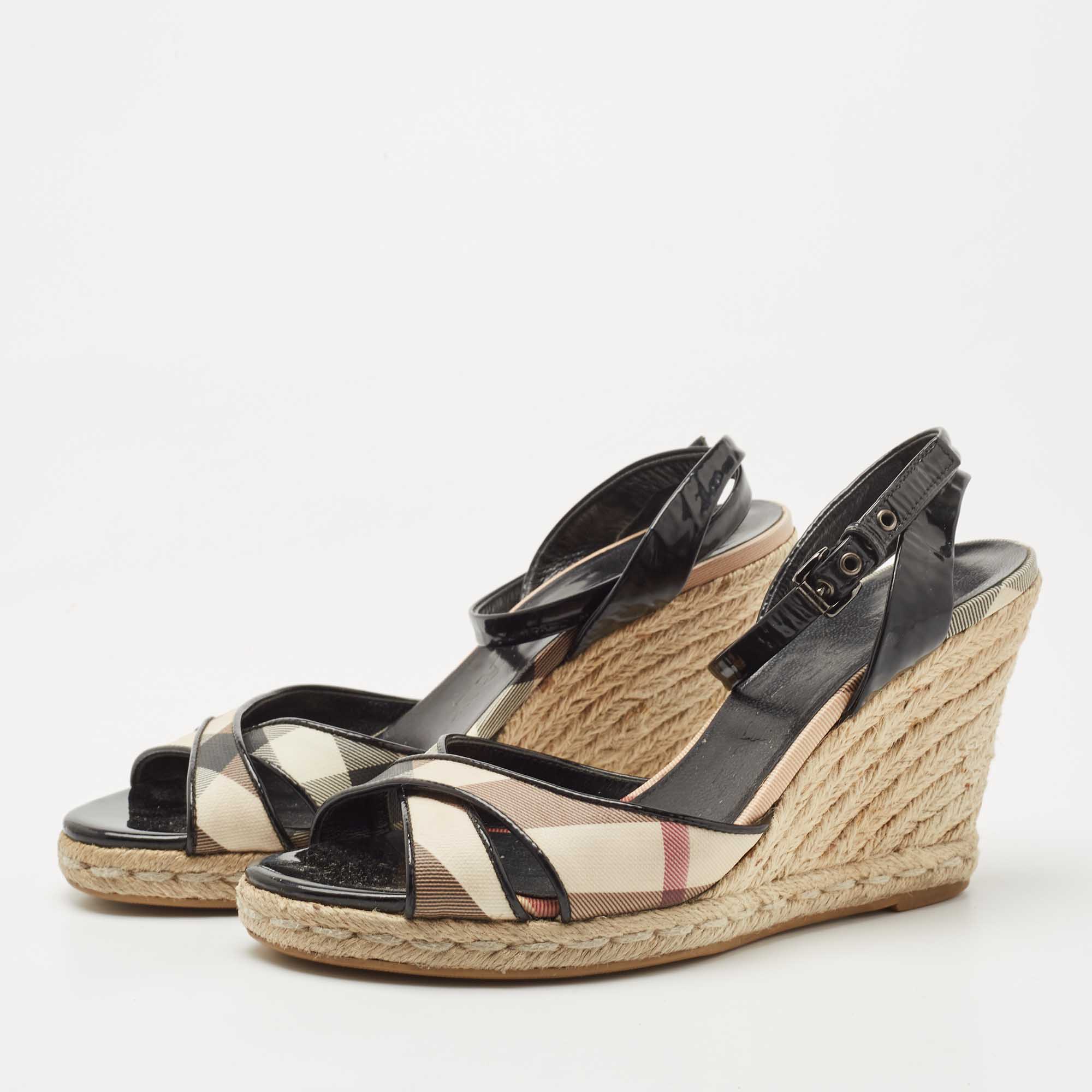 

Burberry Black/Beige House Check Leather Espadrilles Wedges Sandals Size