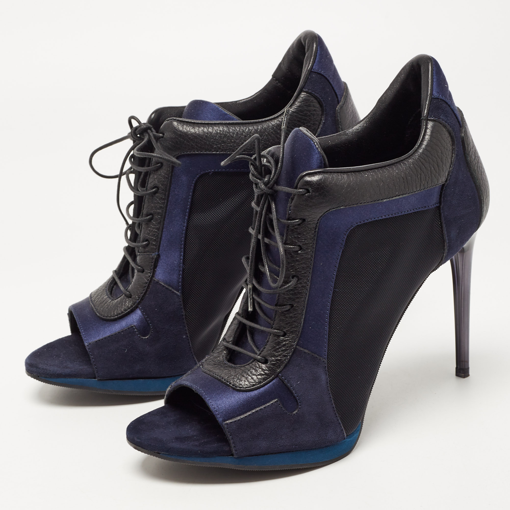 

Burberry Black/Blue Suede And Mesh Lace Up Peep Toe Ankle Boots Size