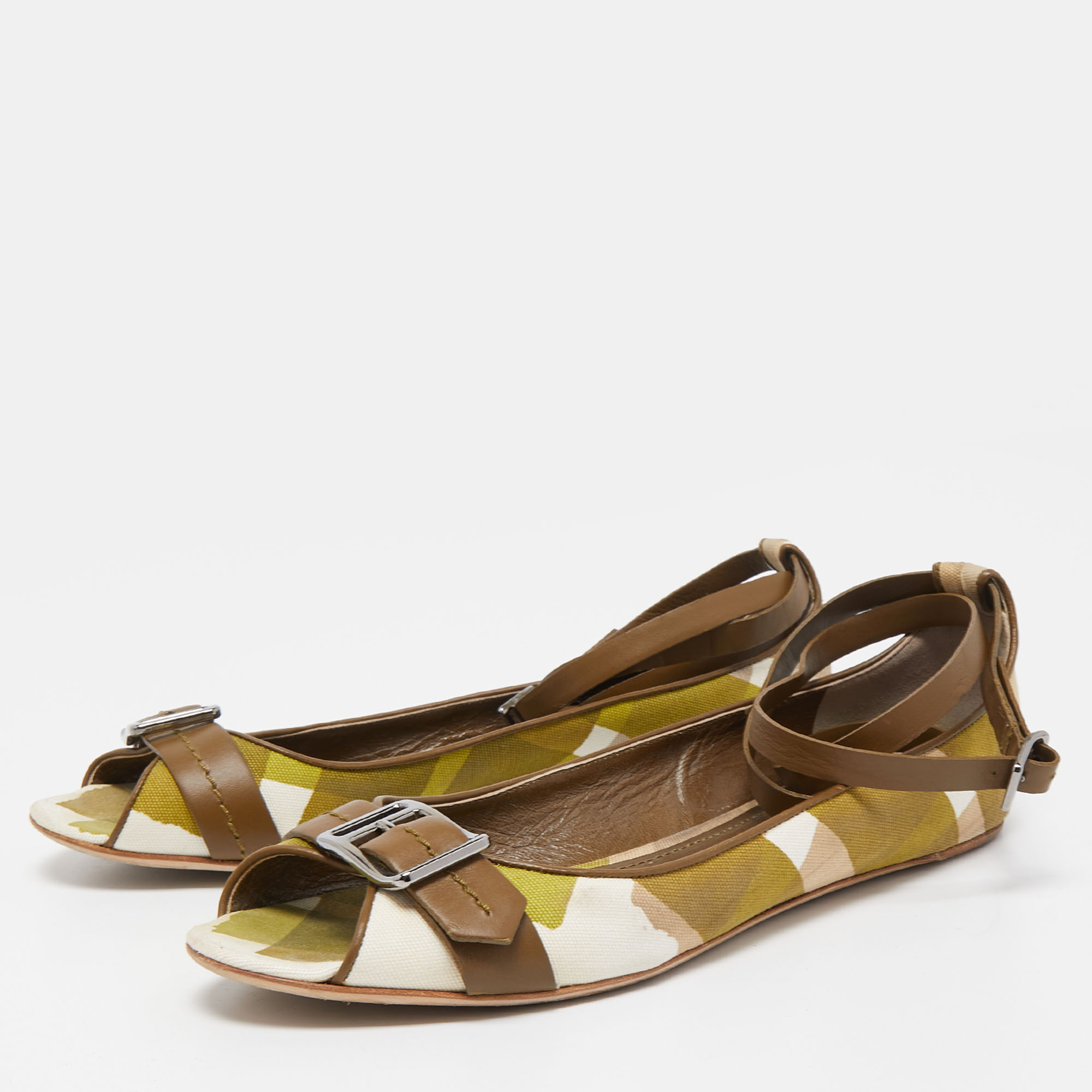 

Burberry Green/Beige Check Canvas and Leather Open Toe Ankle Wrap Flats Size