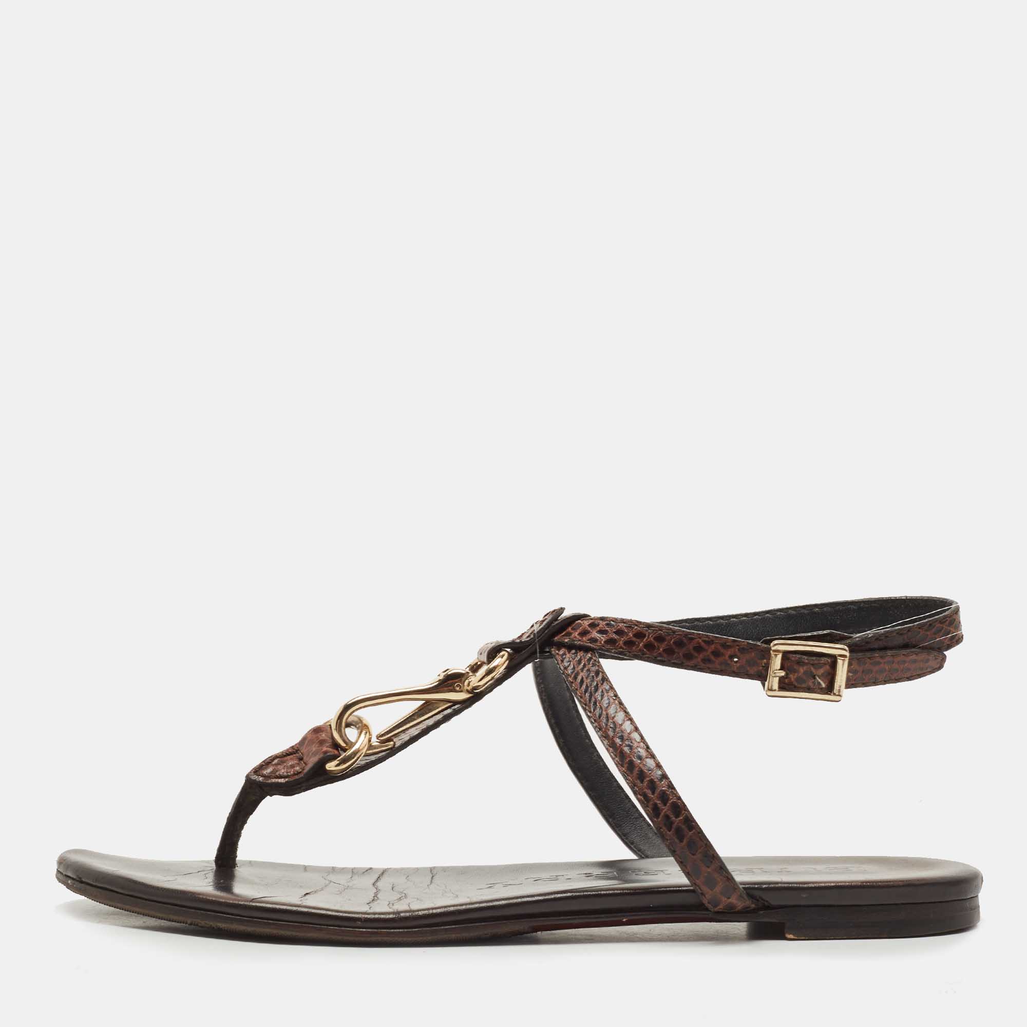 Pre-owned Burberry Brown Python Ankle Strap Flat Sandals Size 37