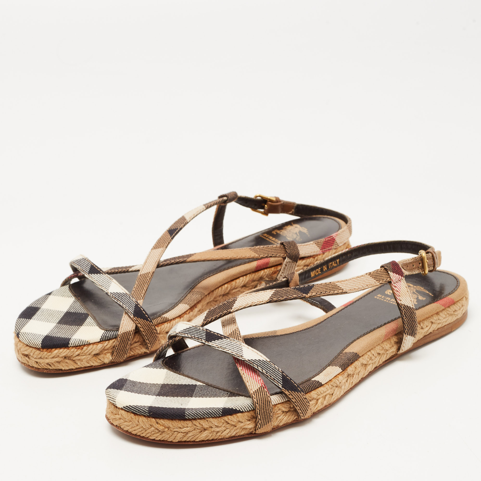 

Burberry Tricolor Check Canvas Flat Espadrille Sandals Size, Brown