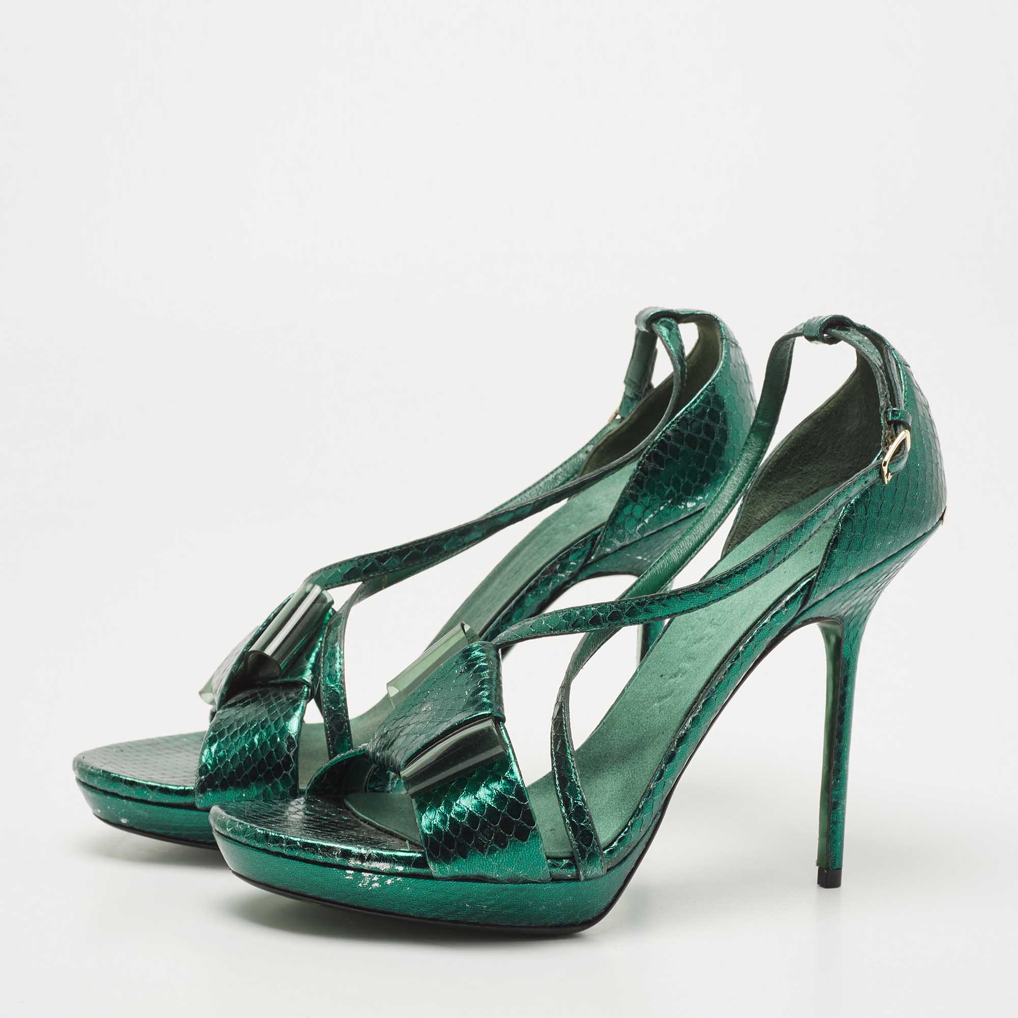 

Burberry Metallic Green Python Embossed Leather Ankle Strap Platform Sandals Size