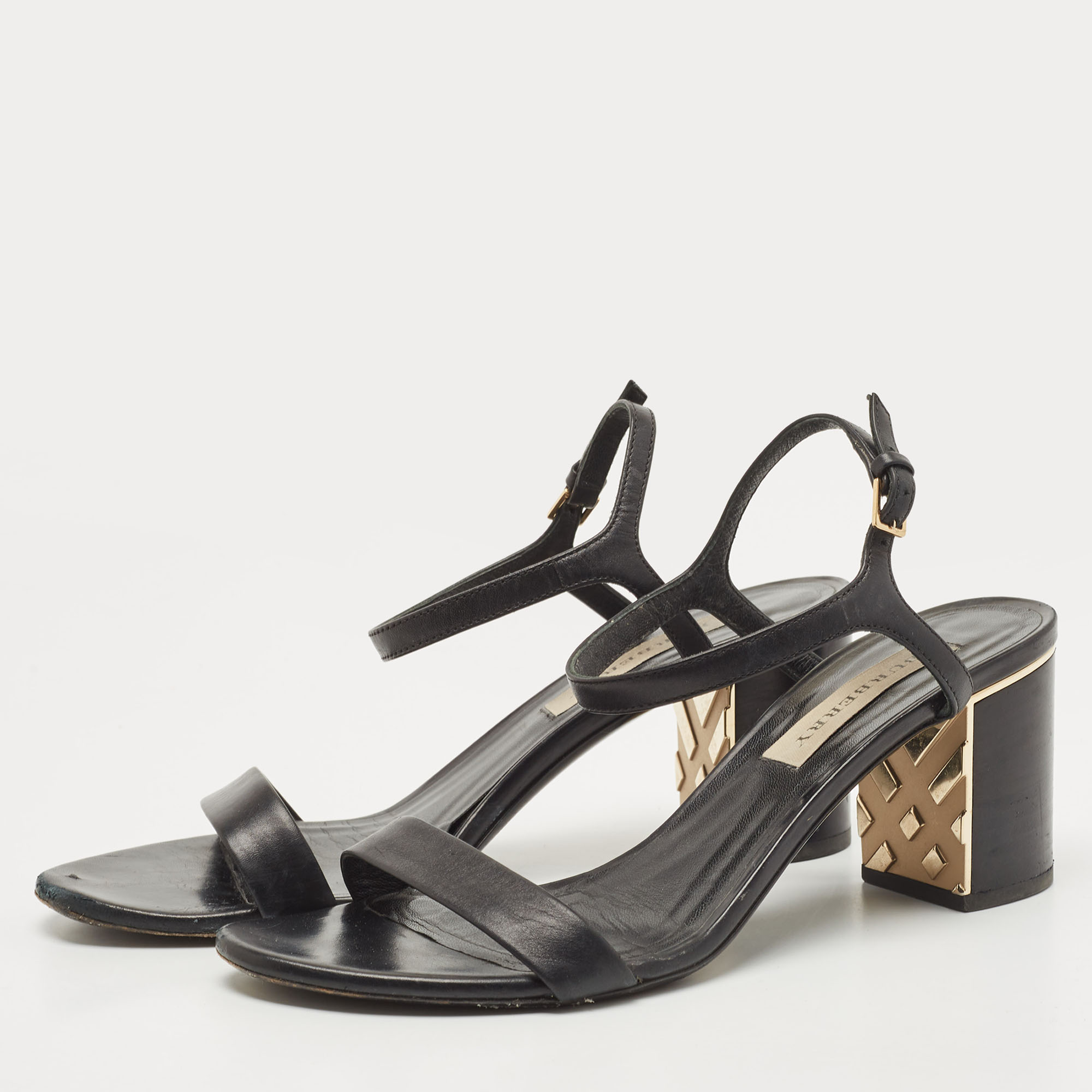 

Burberry Black Leather Ankle Strap Block Heel Sandals Size