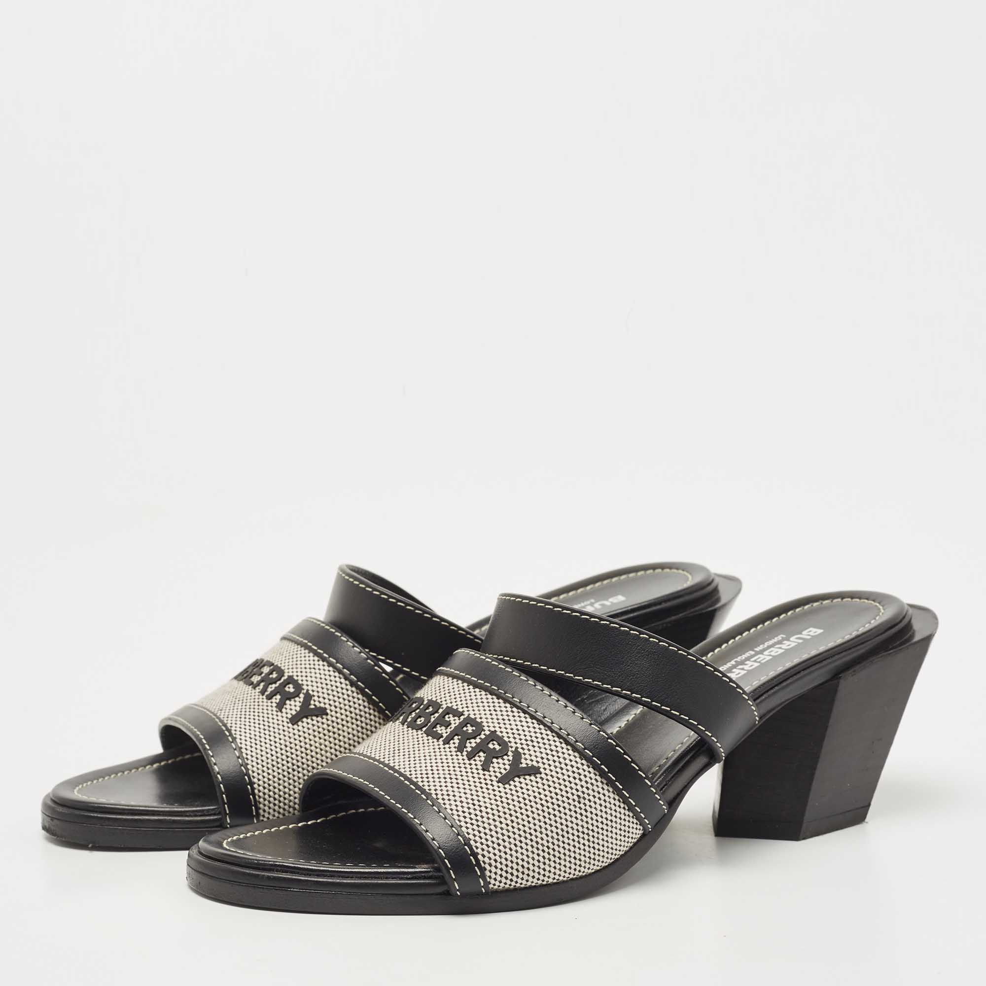 

Burberry Black /Grey Canvas and Leather Honour Open Toe Slide Sandals Size