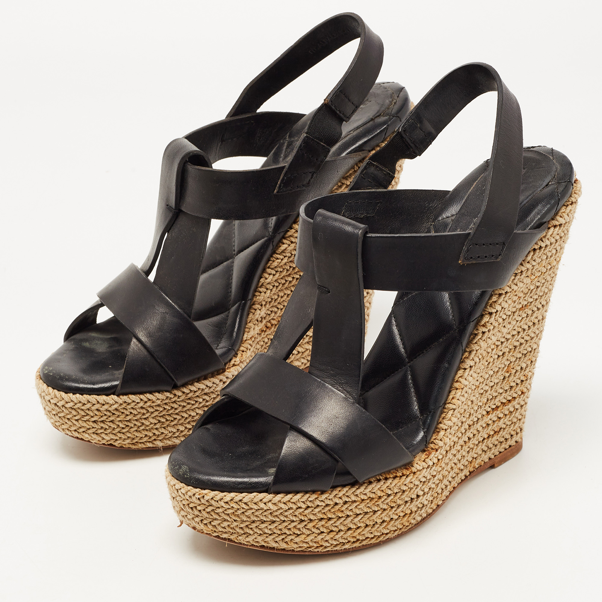 

Burberry Black Leather Espadrille Wedge Strappy Sandals Size