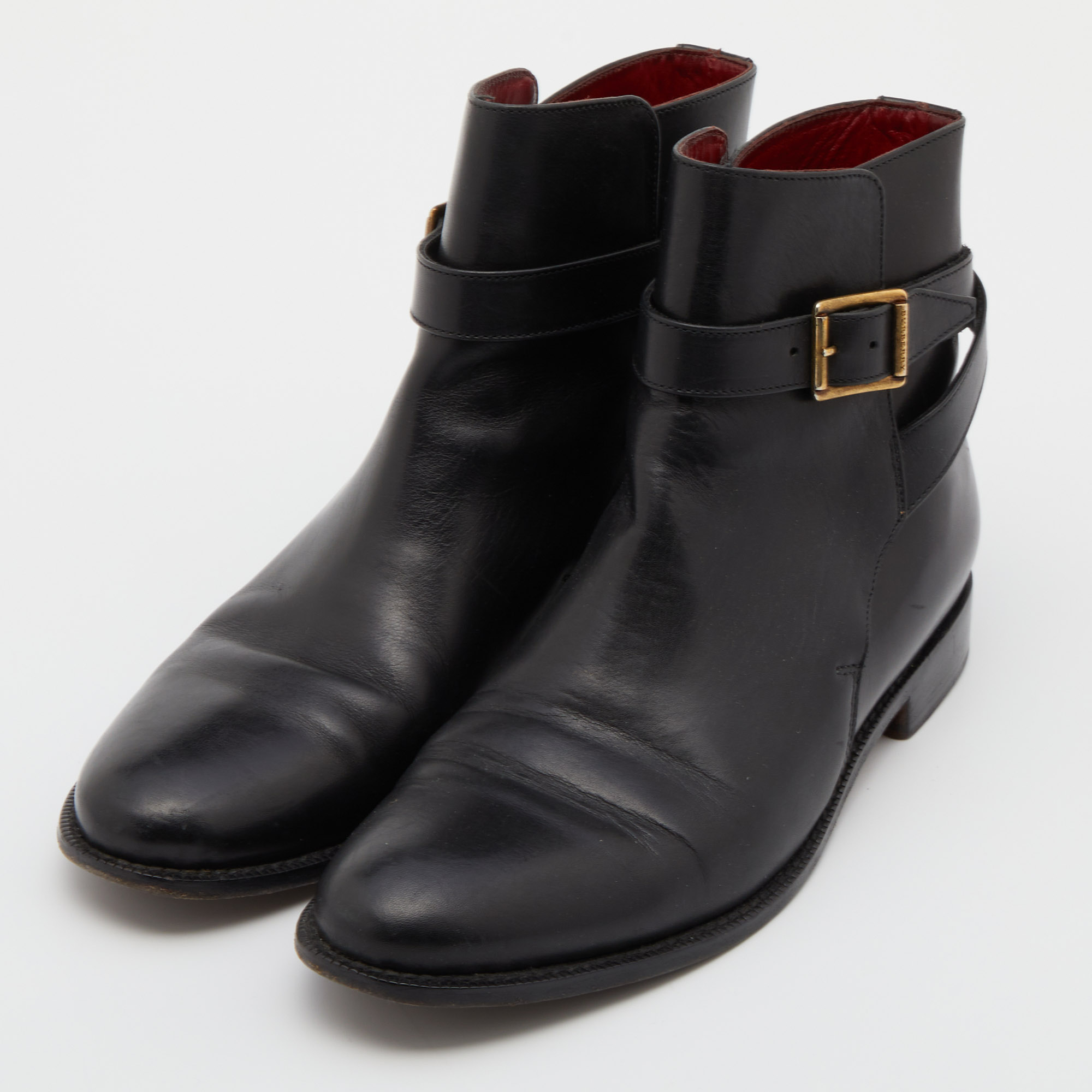 

Burberry Black Leather Buckle Ankle Length Boots Size