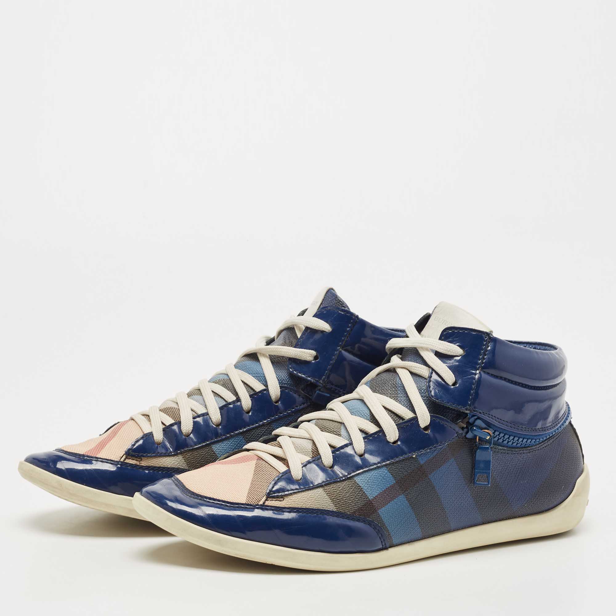 

Burberry Blue Patent Leather and Ombre Nova Check Canvas Zipper High Top Sneakers Size