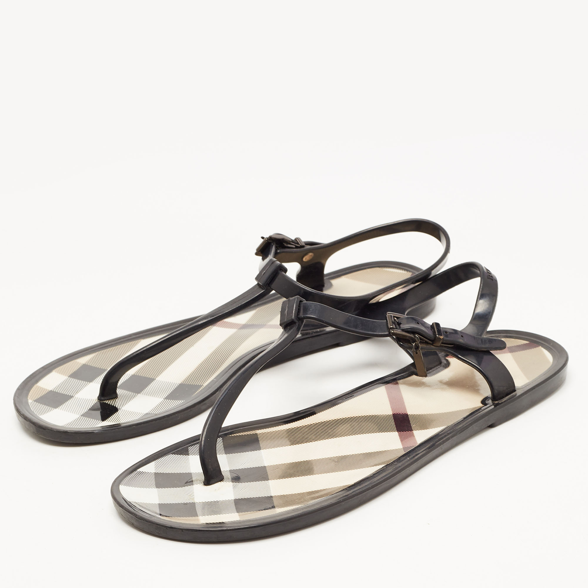 

Burberry Black Nova Check PVC Thong Ankle Strap Flats Size