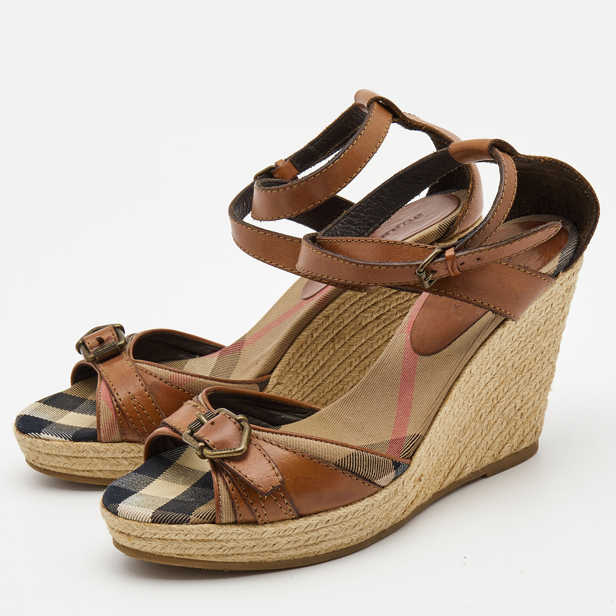 

Burberry Brown Leather and Nova Check Canvas Buckle Detail Espadrille Wedge Sandals Size