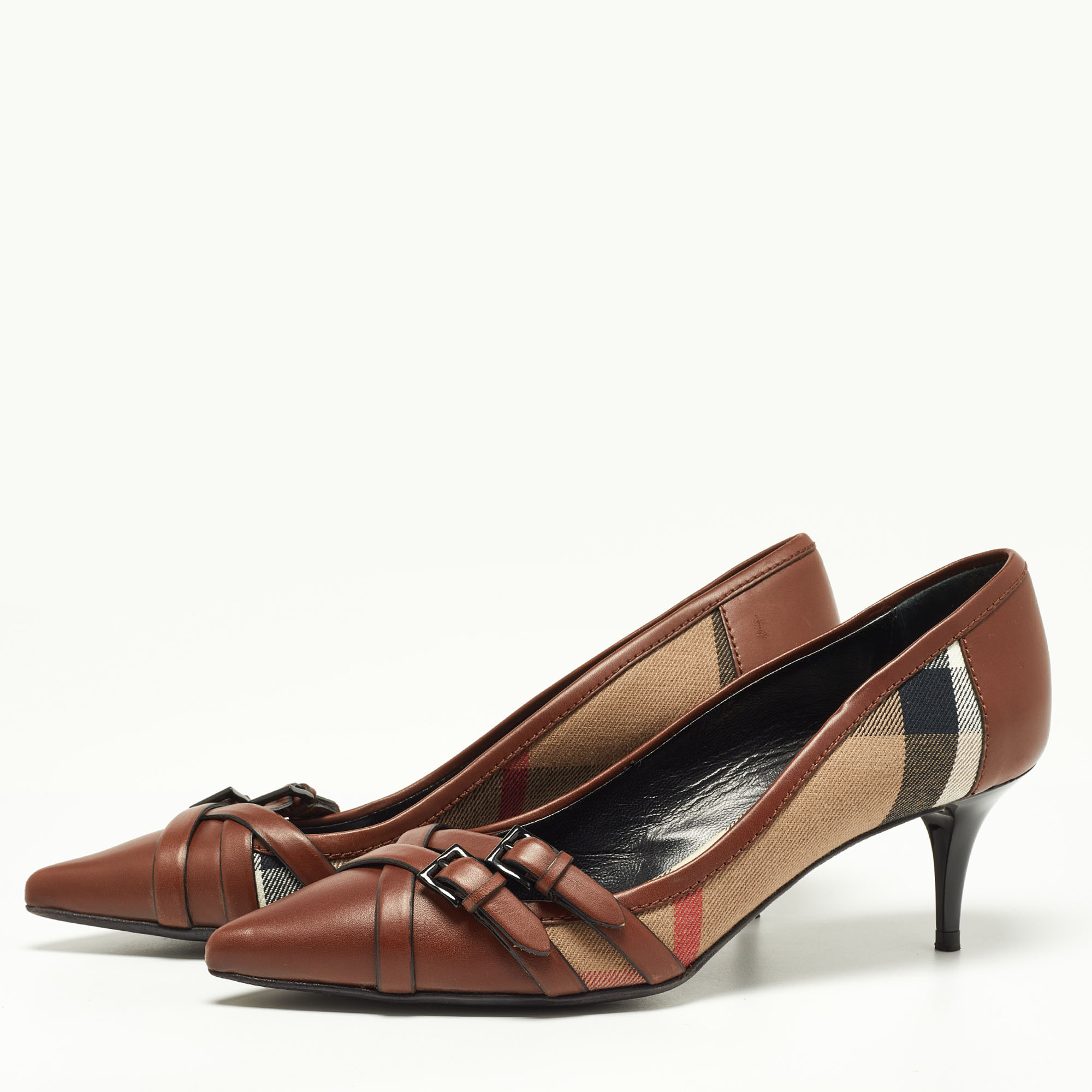 

Burberry Brown/Beige House Check Canvas and Leather Pointed Toe Buckle Pumps Size