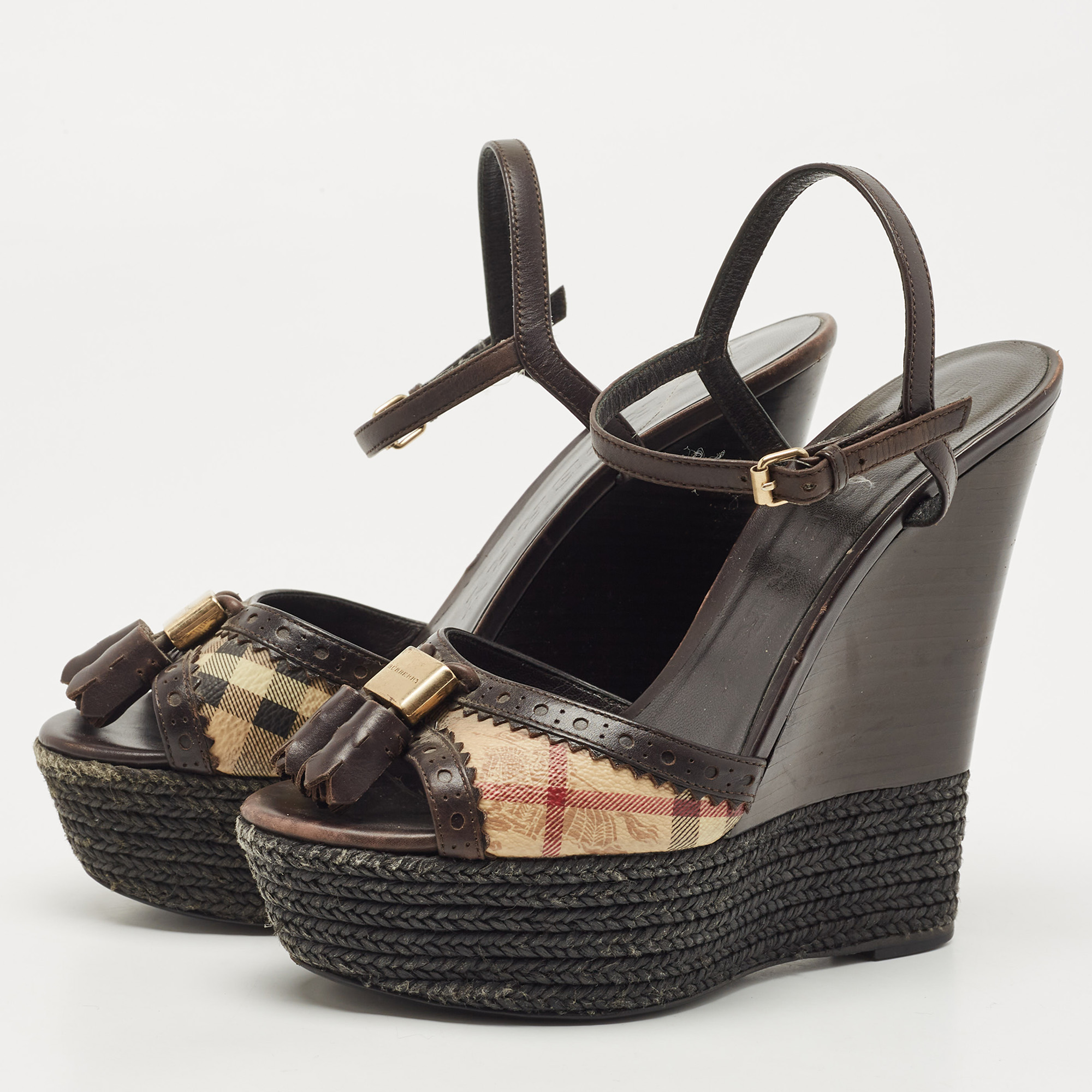 

Burberry Brown/Beige Canvas and Leather Espradrills Wedges Sandals Size