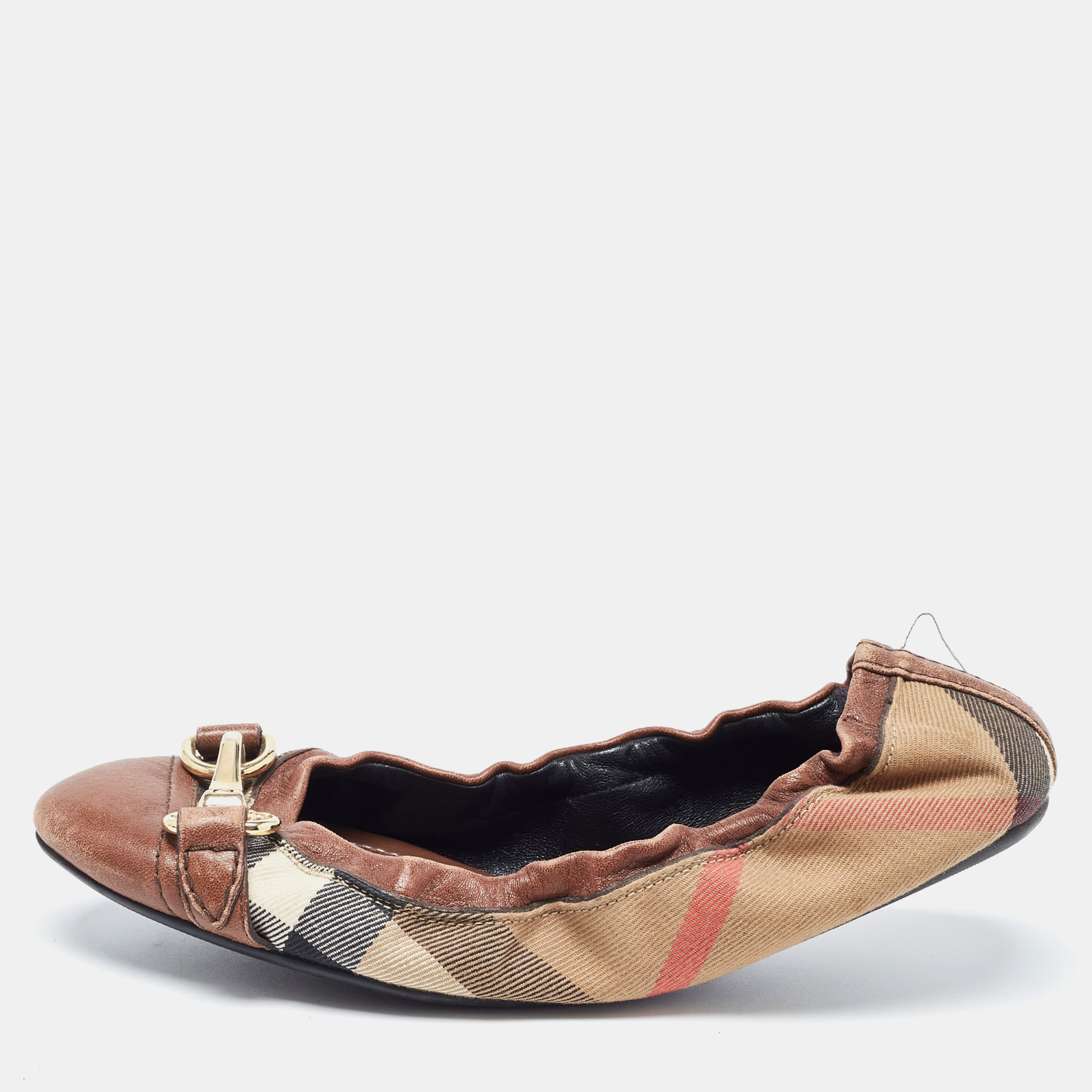 Pre-owned Burberry Brown/beige Leather And Nova Check Canvas Scrunch Ballet Flats Size 37