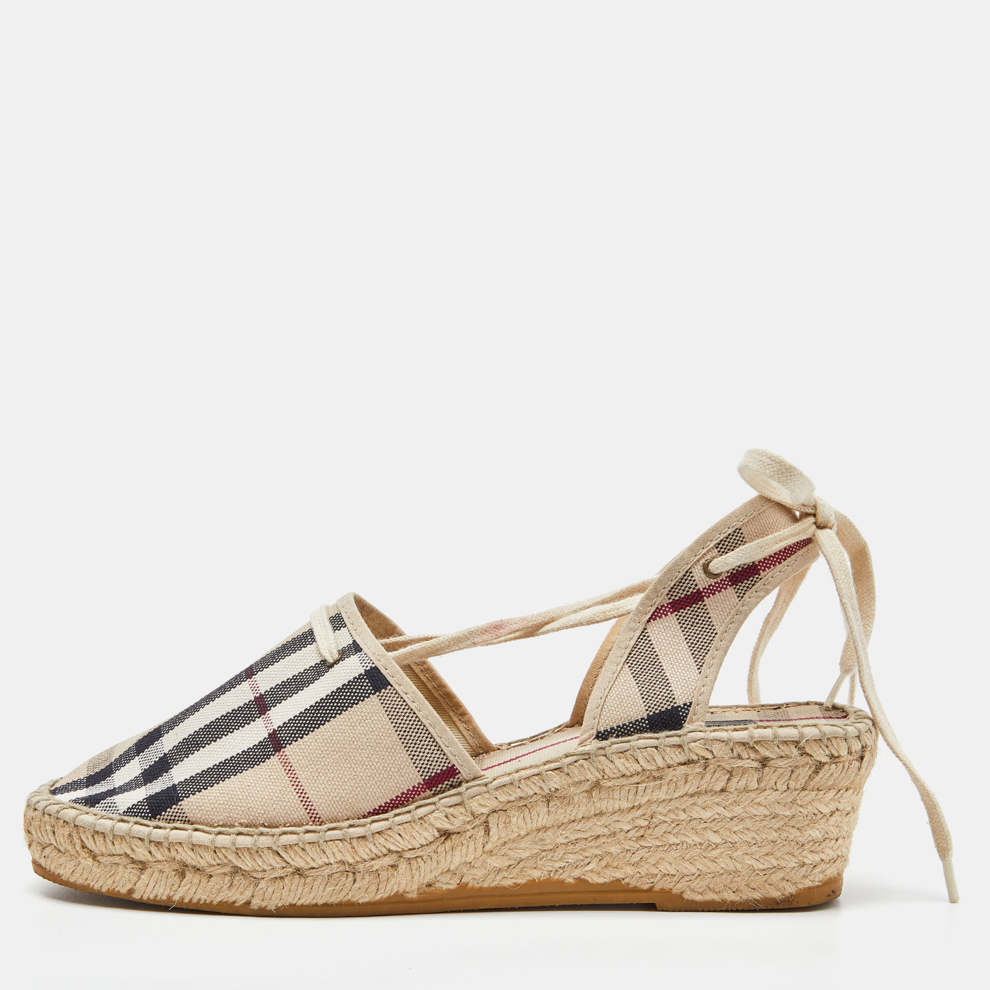 Pre-owned Burberry Beige Nova Check Canvas Strappy Espadrille Wedge Sandals Size 40