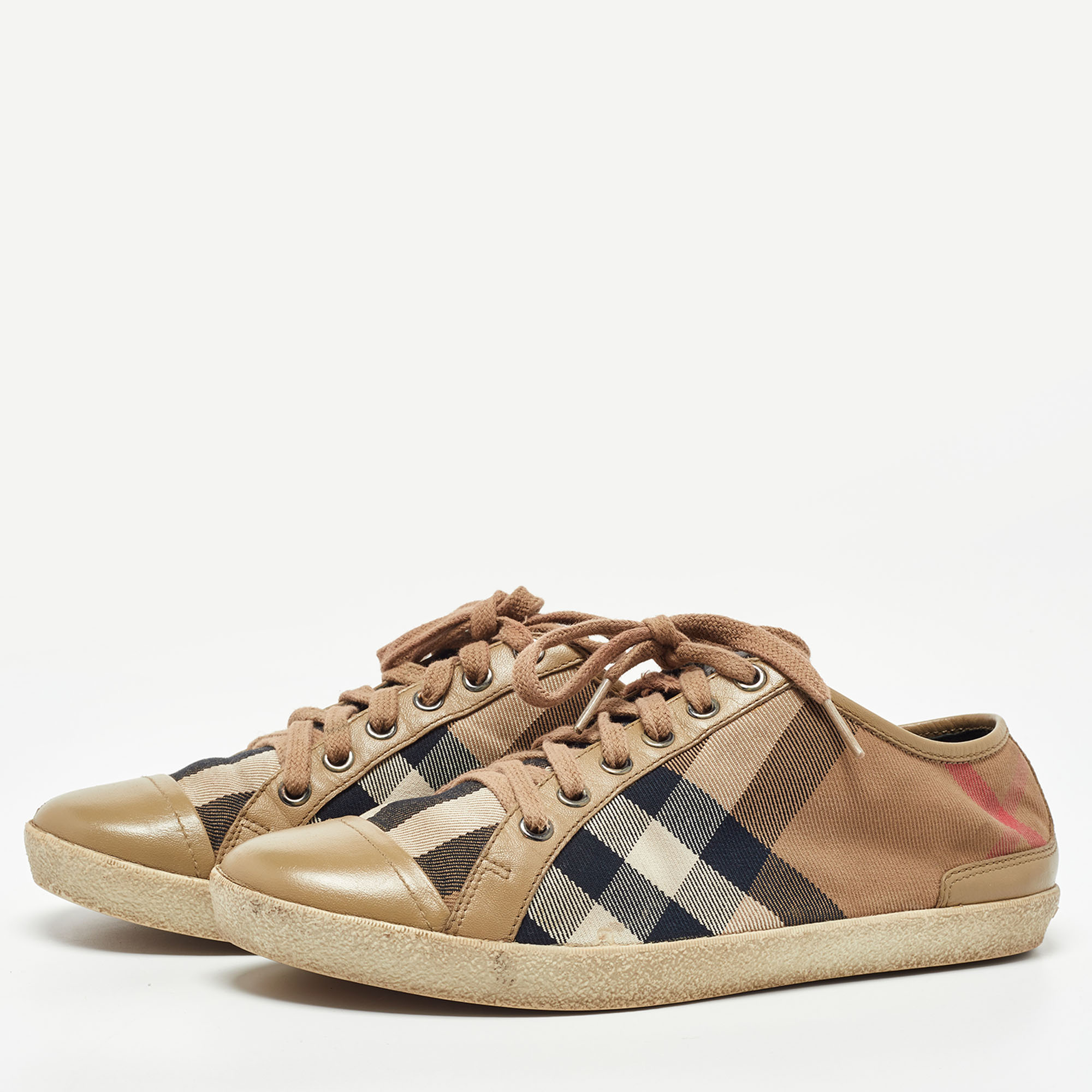 

Burberry Brown Leather and Nova Check Canvas Low Top Sneakers Size