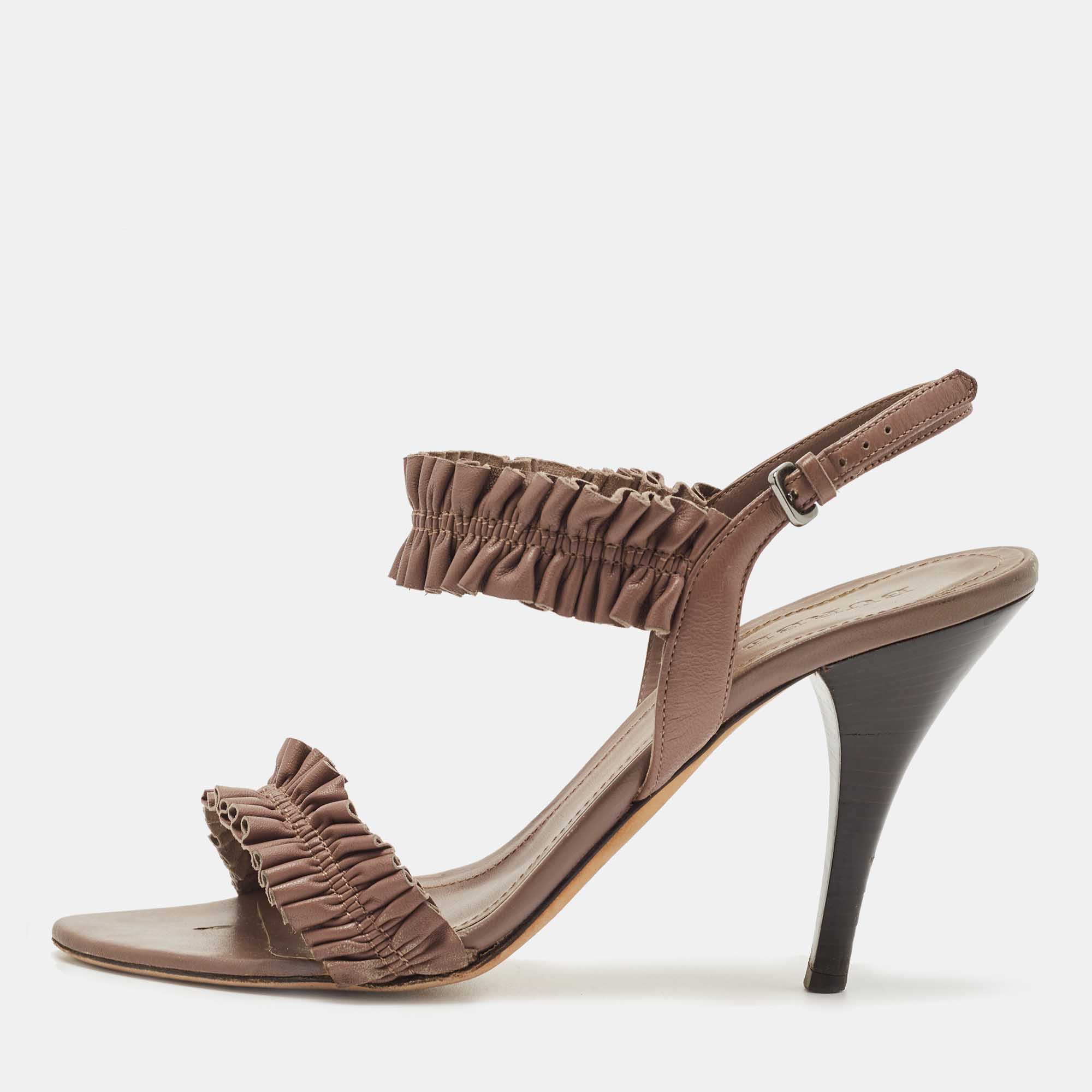 Pre-owned Burberry Brown Leather Ruffle Ankle Strap Sandals Size 39