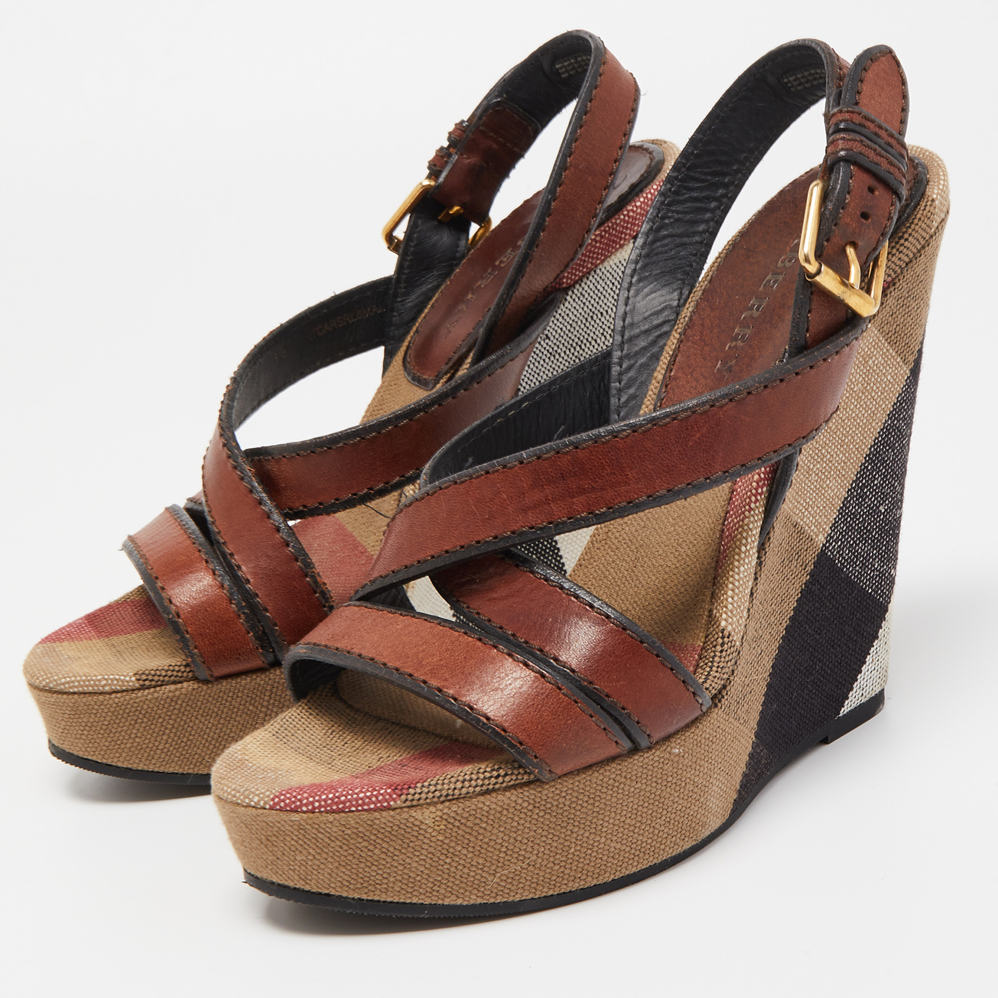 

Burberry Brown Canvas and Leather Wedge Sandals Size