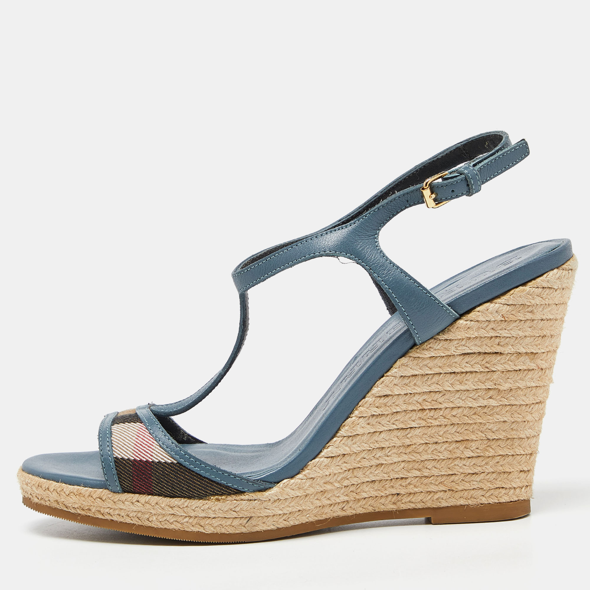 Pre-owned Burberry Blue/brown Leather And House Check Canvas Espadrille Wedge Ankle Strap Sandals Size 38