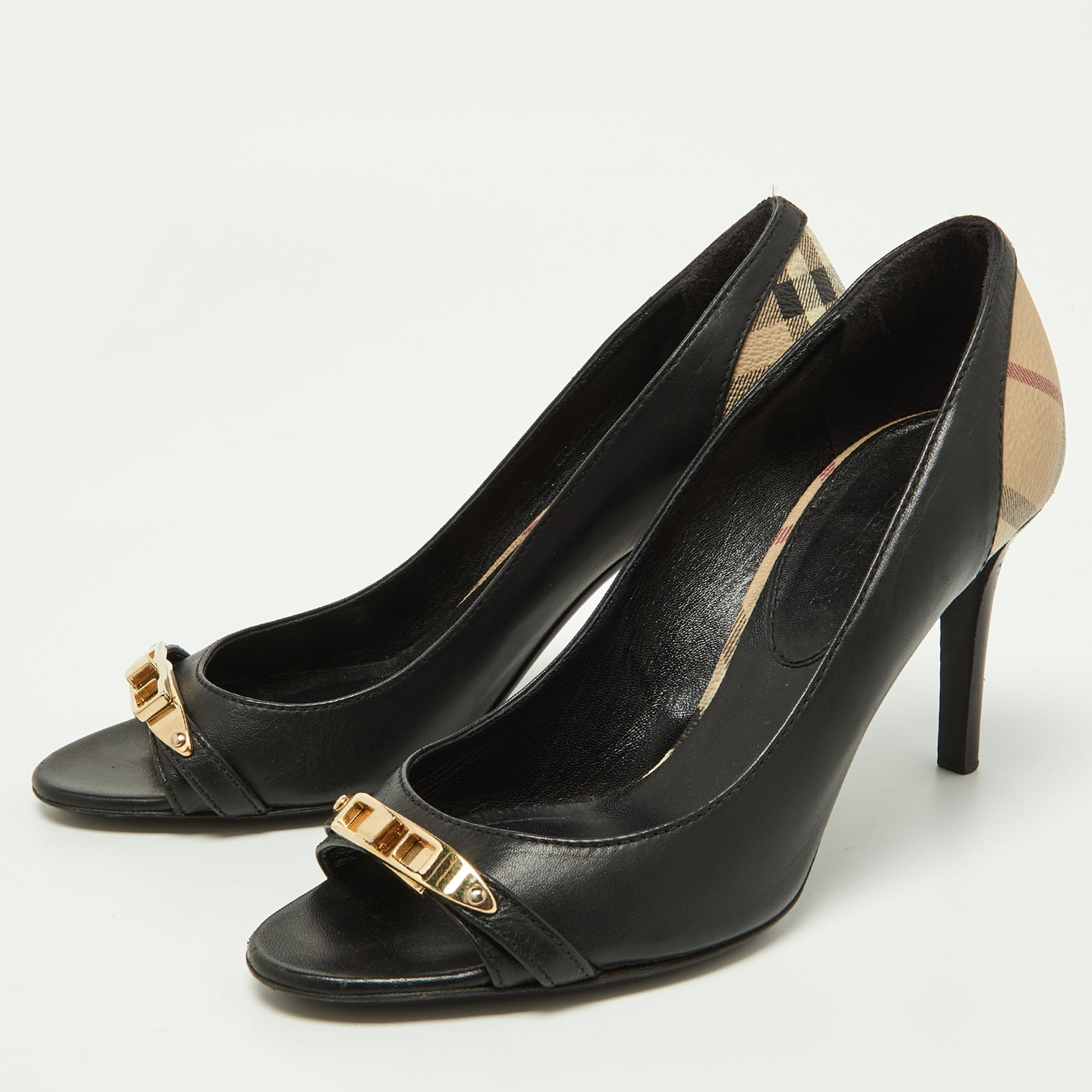 

Burberry Black/Beige Leather and Check Coated Canvas Embellished Open Toe Pumps Size