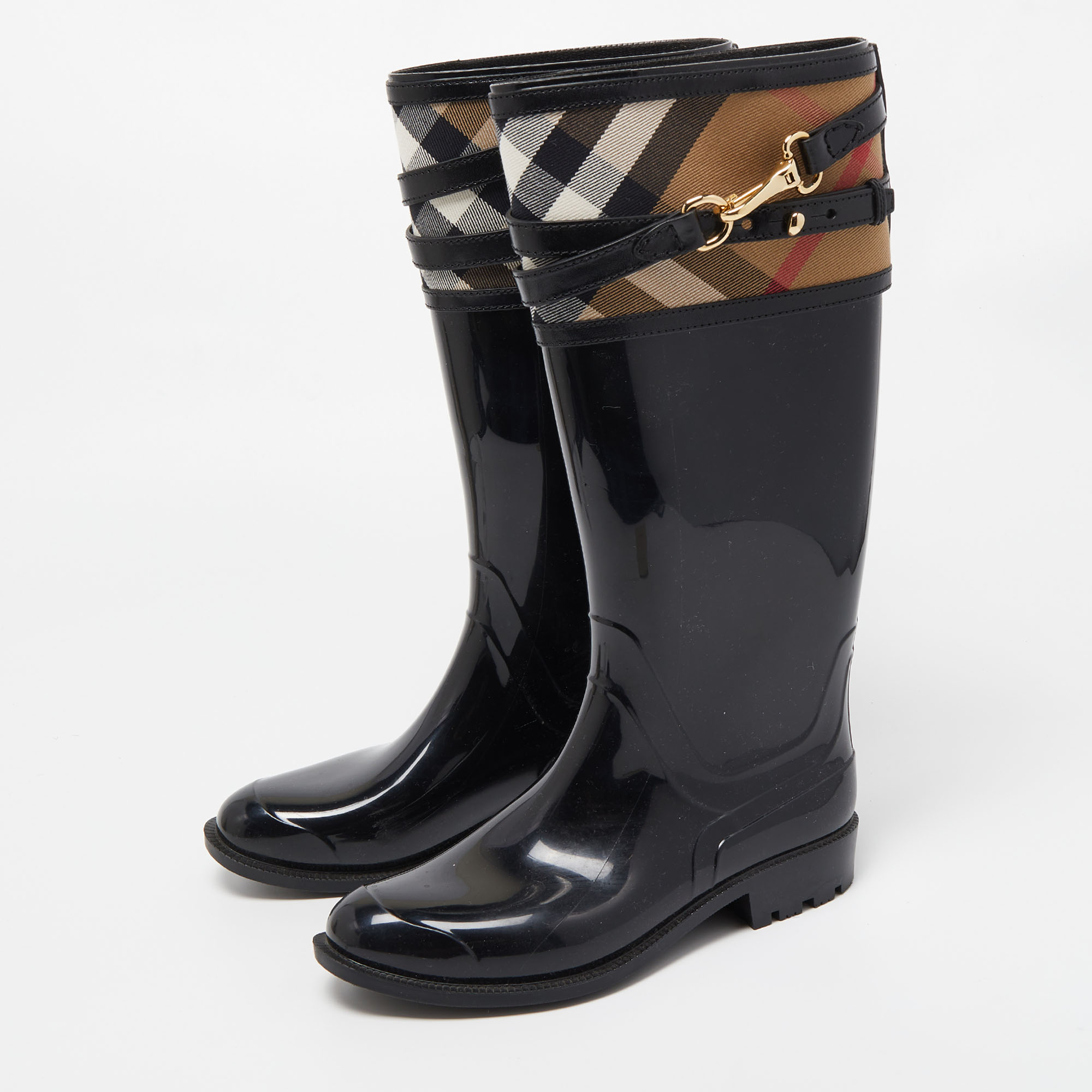 

Burberry Black/Beige Rubber and Nova Check Canvas Rain Boots Size