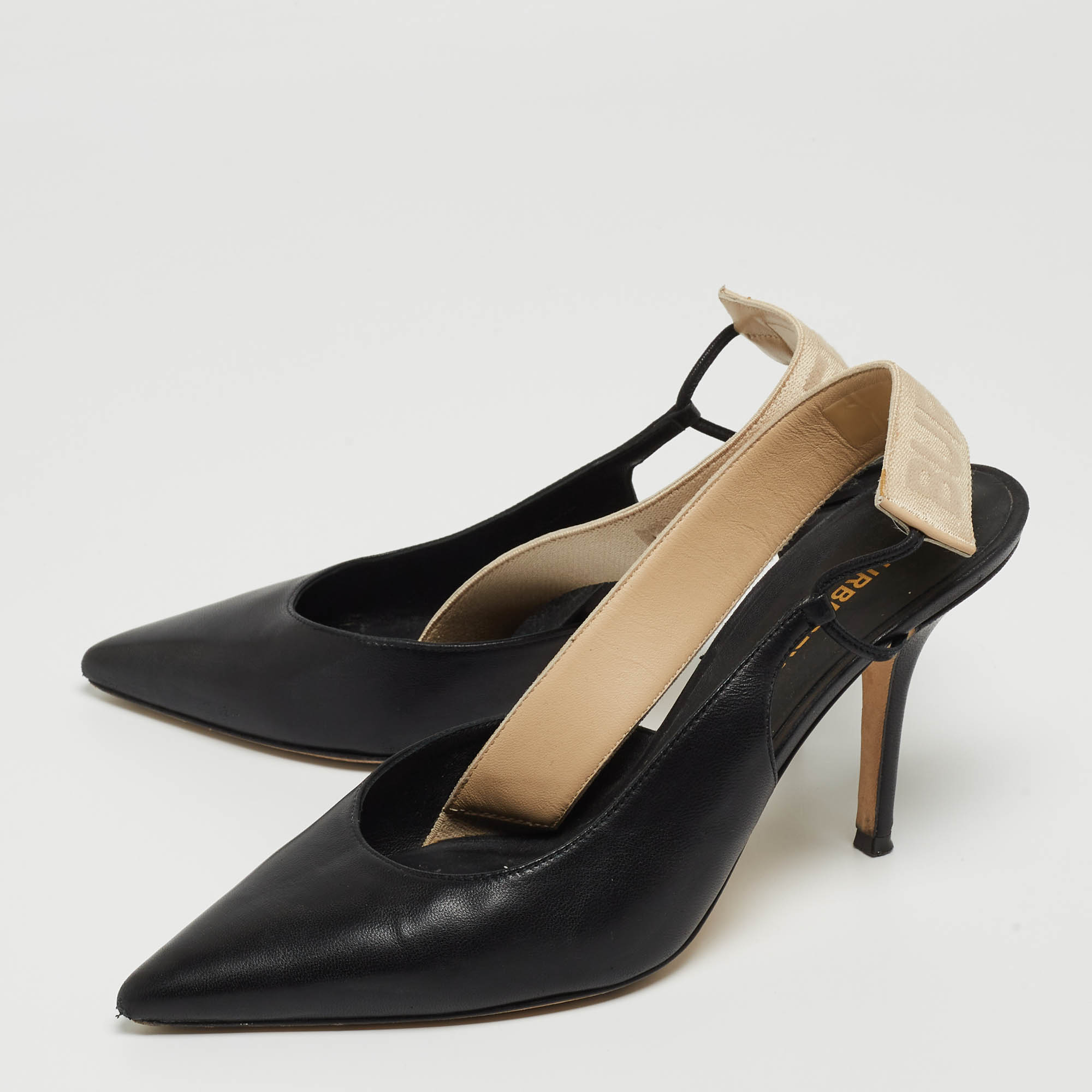 

Burberry Black/Beige Leather and Logo Canvas Maria Slingback Pumps Size