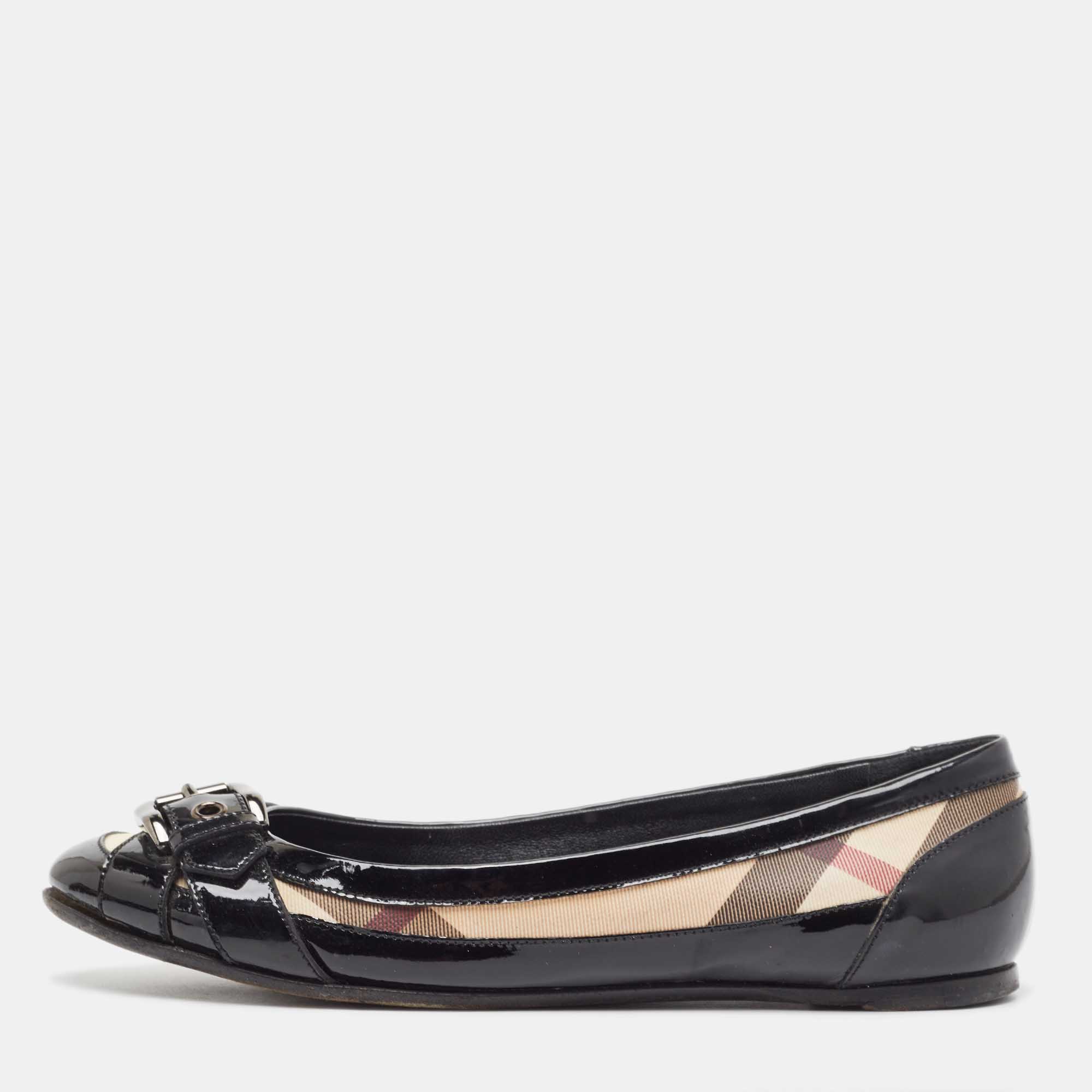 Pre-owned Burberry Black/beige Nova Check Pvc And Patent Leather Buckle Ballet Flats Size 38
