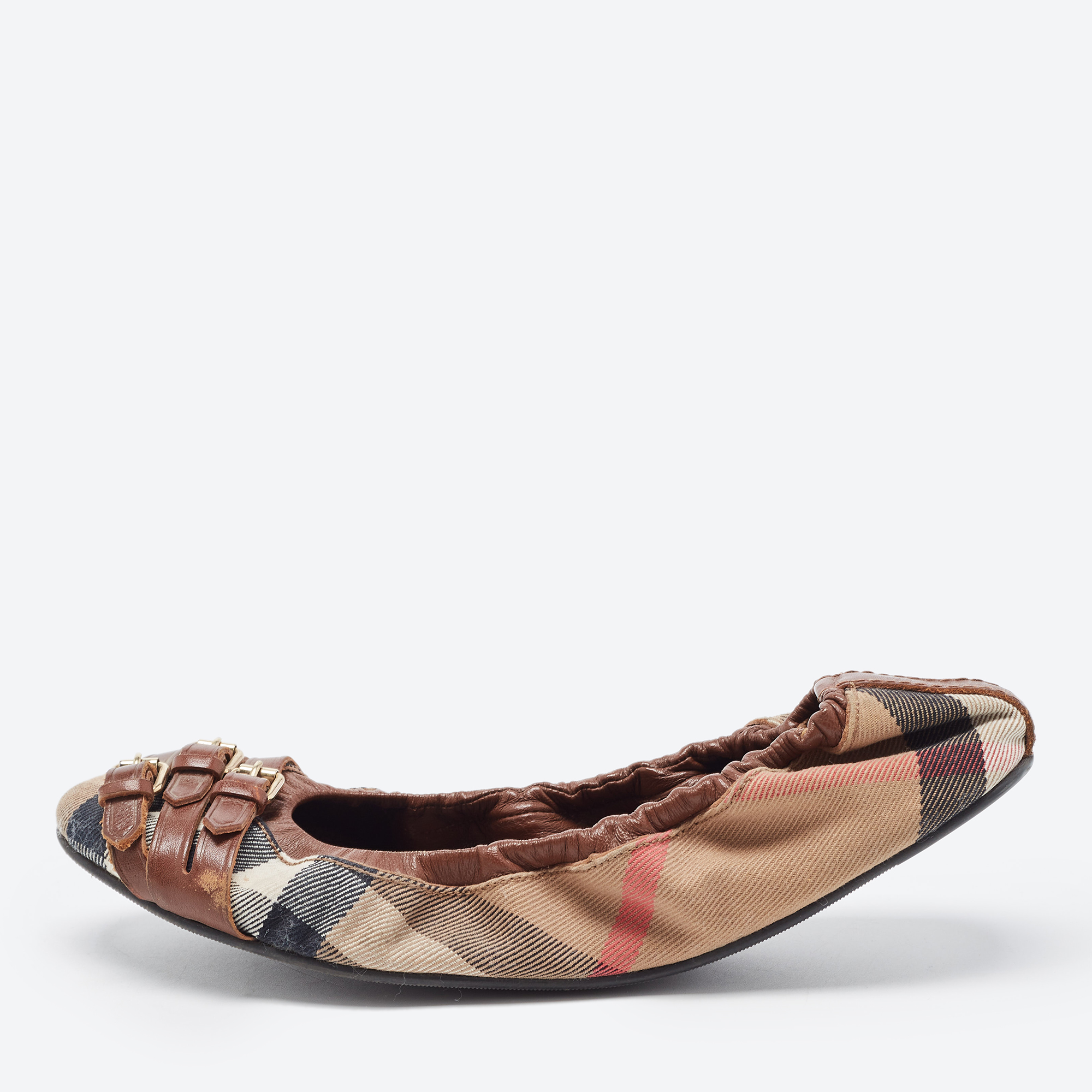 

Burberry Tricolor Leather and House Check Canvas Buckle Detail Scrunch Ballet Flats Size, Brown