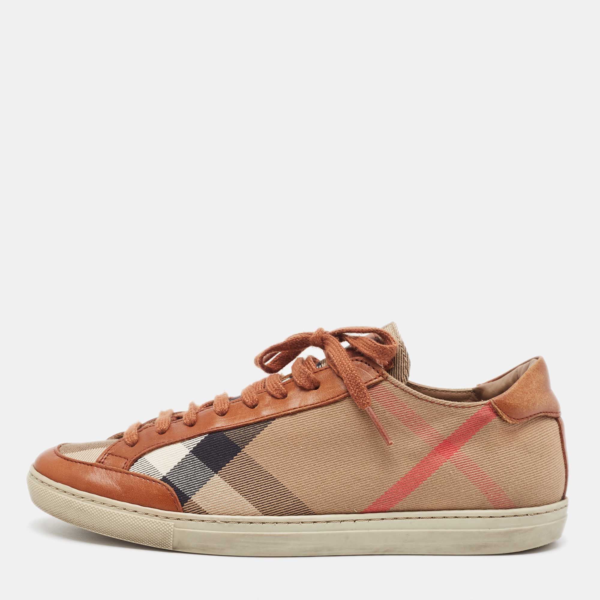 

Burberry Brown/Beige Nova Check Canvas and Leather Lace Up Sneakers Size