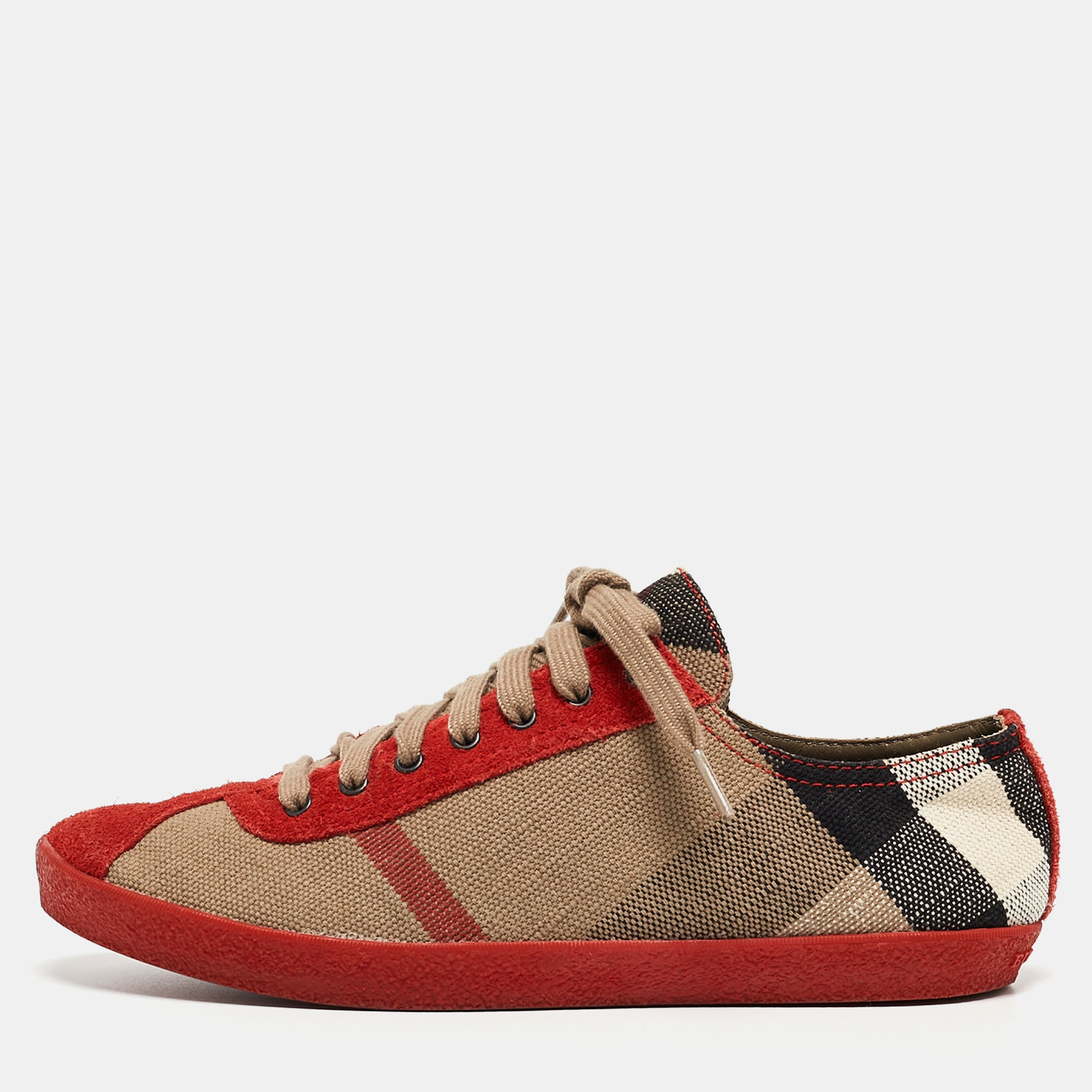 

Burberry Red/Brown Suede and Nova Check Canvas Low Top Sneakers Size