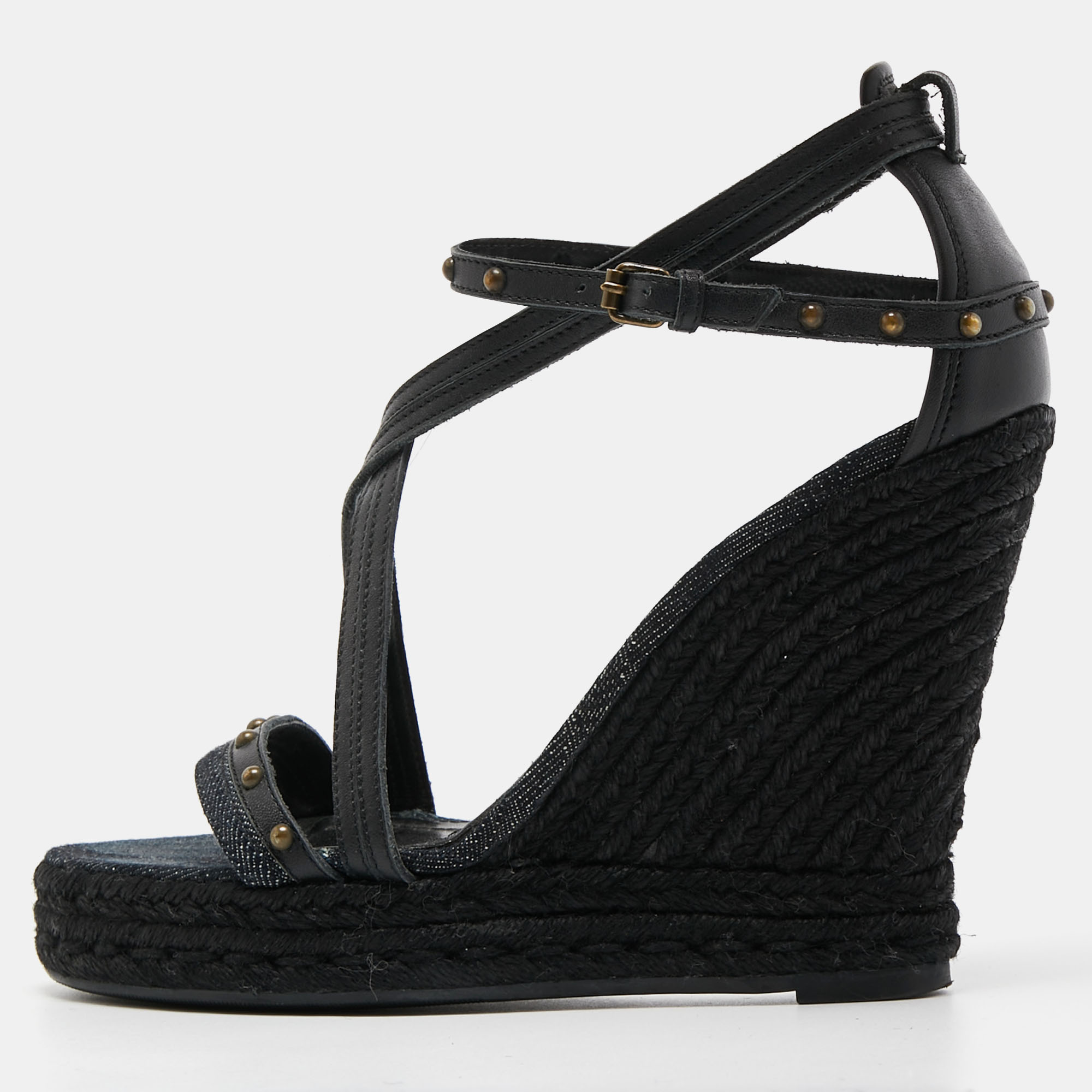 

Burberry Black Leather and Denim Studded Platform Wedge Sandals Size