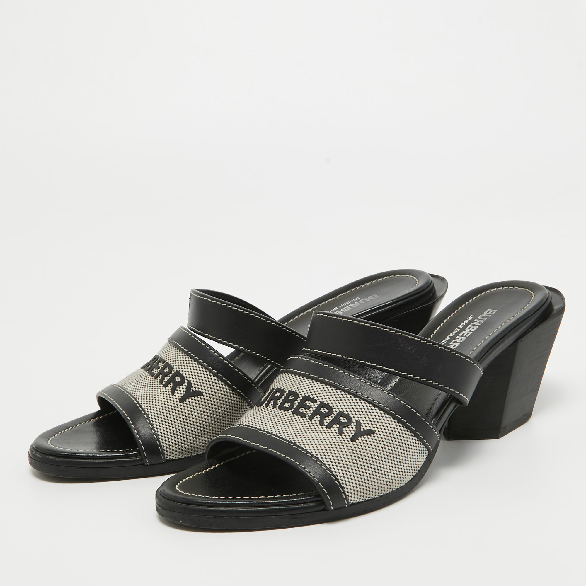 

Burberry Black Leather and Canvas Honour Slide Sandals Size