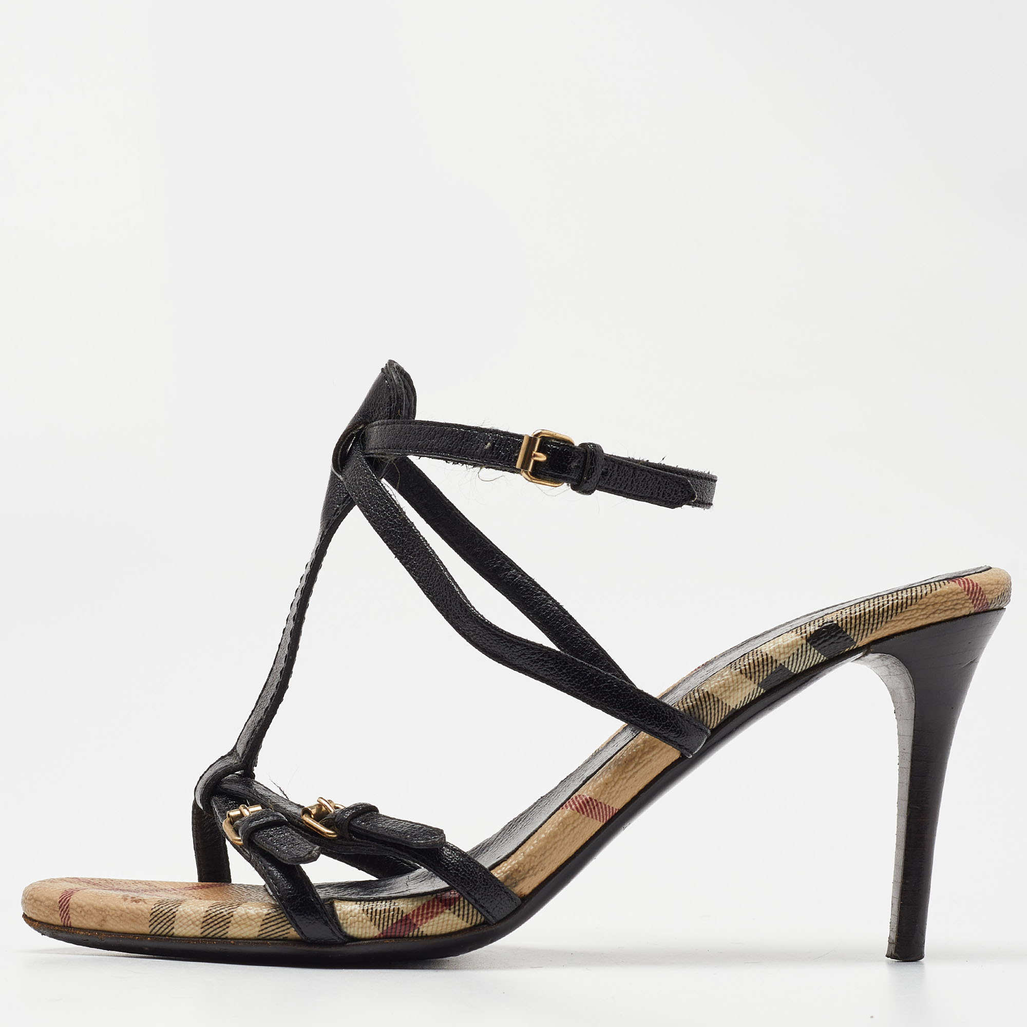 Pre-owned Burberry Black Leather T-bar Ankle Strap Sandals Size 39