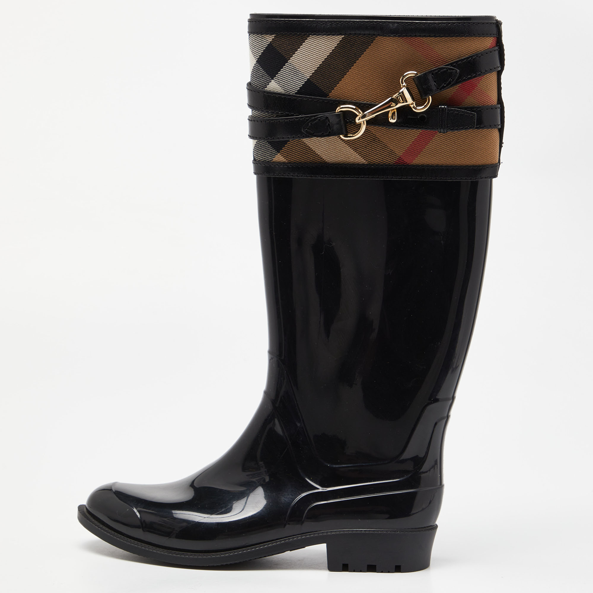 Pre-owned Burberry Black/beige Patent Leather And House Check Canvas Knee Length Boots Size 35