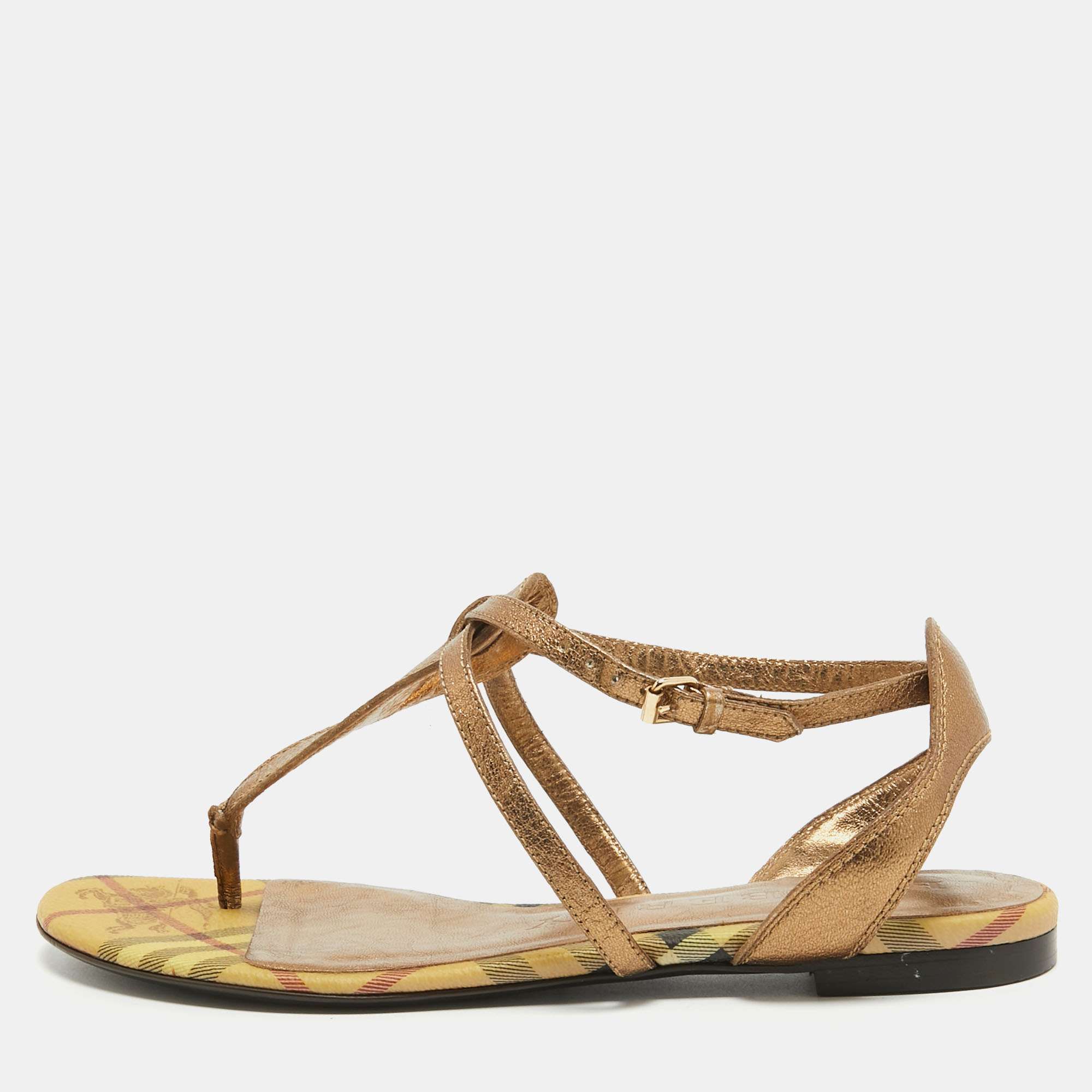 Pre-owned Burberry Metallic Gold Leather Thong Ankle Strap Flat Sandals Size 39