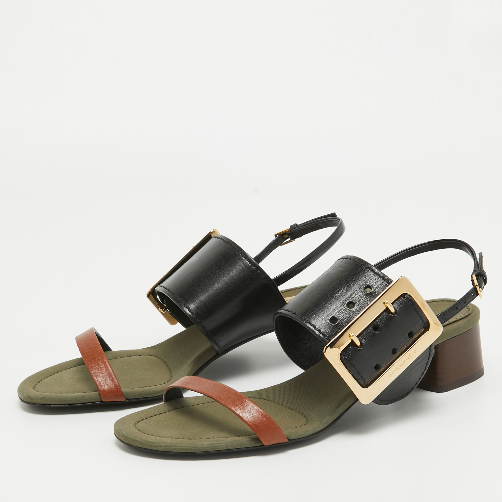

Burberry Tricolor Leather and Canvas Buckle Strap Sandals Size, Multicolor